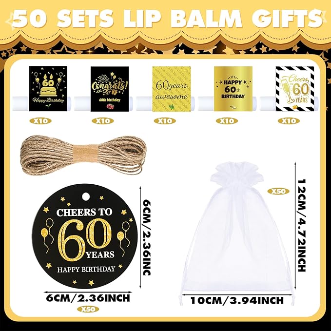 50 Sets 60th Birthday Favors Lip Balm Gifts Bulk Moisturizing Lip Balm with 50 Organza Drawstring Gift Bag 50 Tags 60th Birthday Party Supplies Gifts Bulk for Men and Woman
