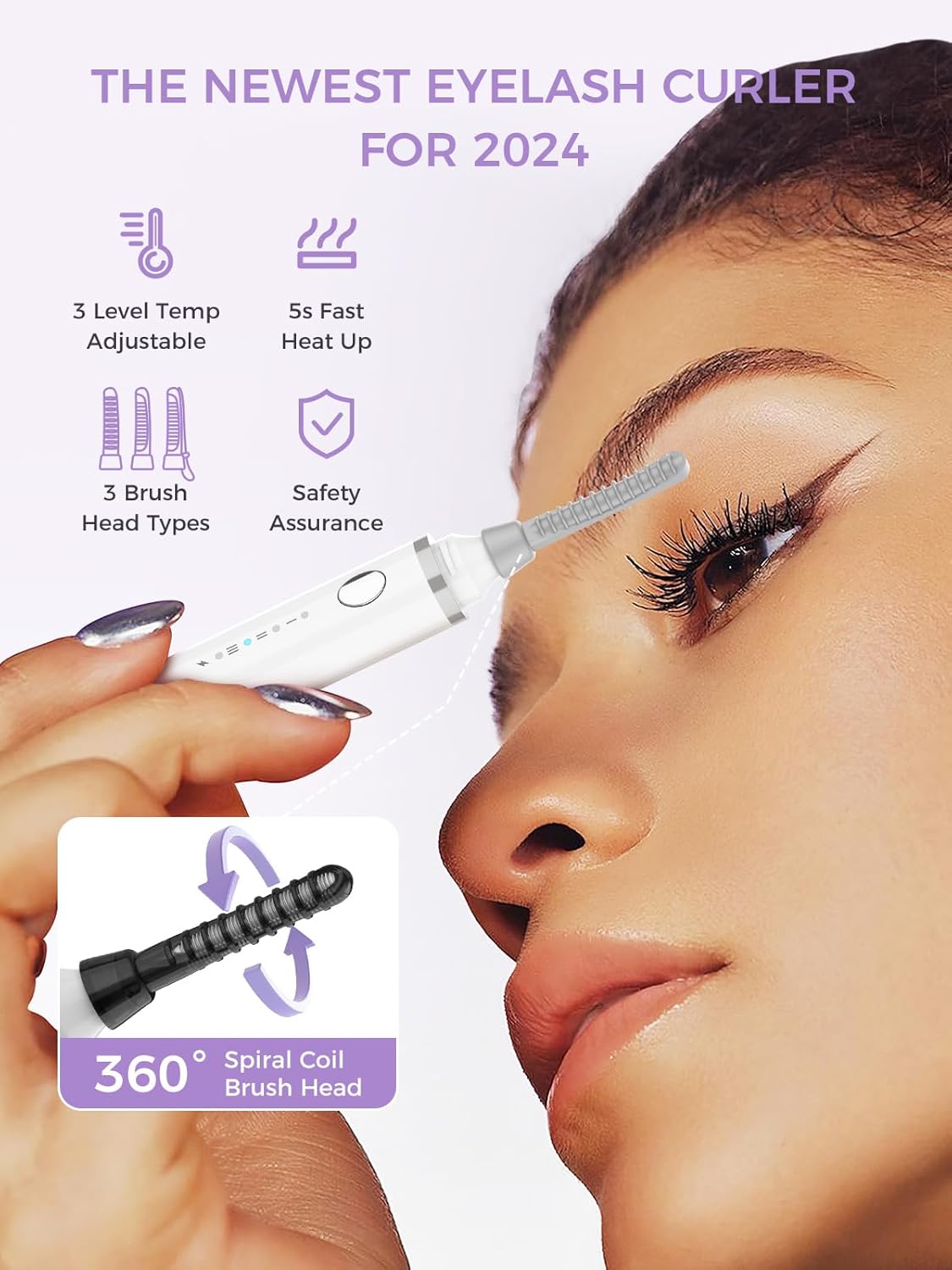 Smiling Shark Heated Eyelash Curler, 2025 New 360°Wand-Style Heated Lash Brush Rechargeable with 3 Brush Heads & 3 Temp 【Lengthen/Define/Curler】 3-in-1 Lash Curler for All Types of Lashes, White
