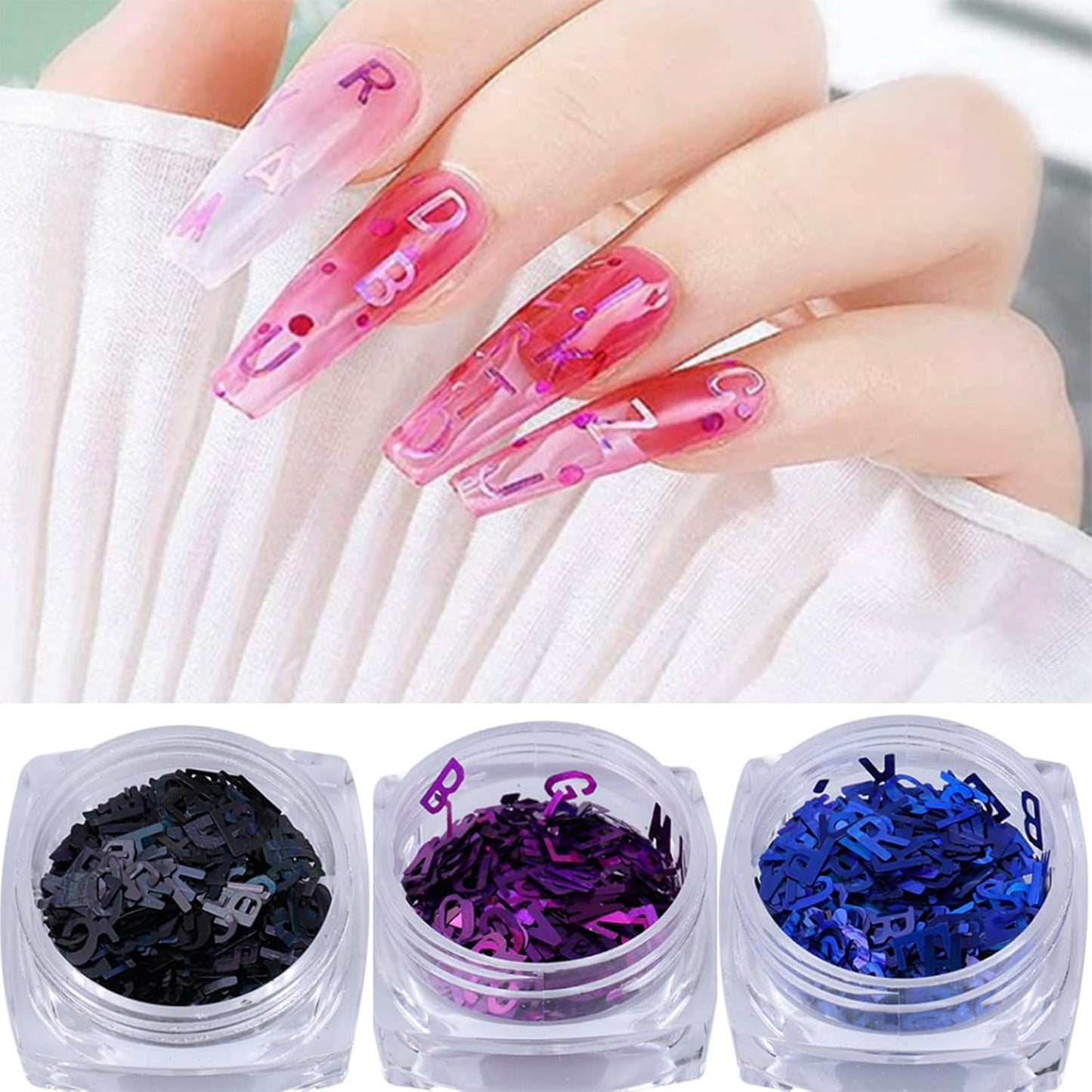 3 Colors Nail Art Glitters & Sequins - Black & Purple Letter Shaped Nail Sticker for Women's Manicure DIY
