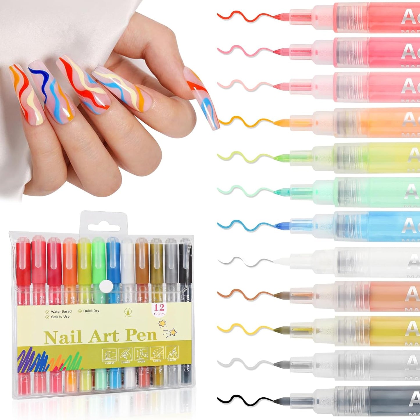 EBANKU 12 Colors Nail Art Pens Set Nail Polish Pens Quick Drying 0.7MM 3D Acrylic Paint Pens Clear Handle Point Liner Pen Drawing Painting Tool for Home DIY Nail Art Design (Set A)
