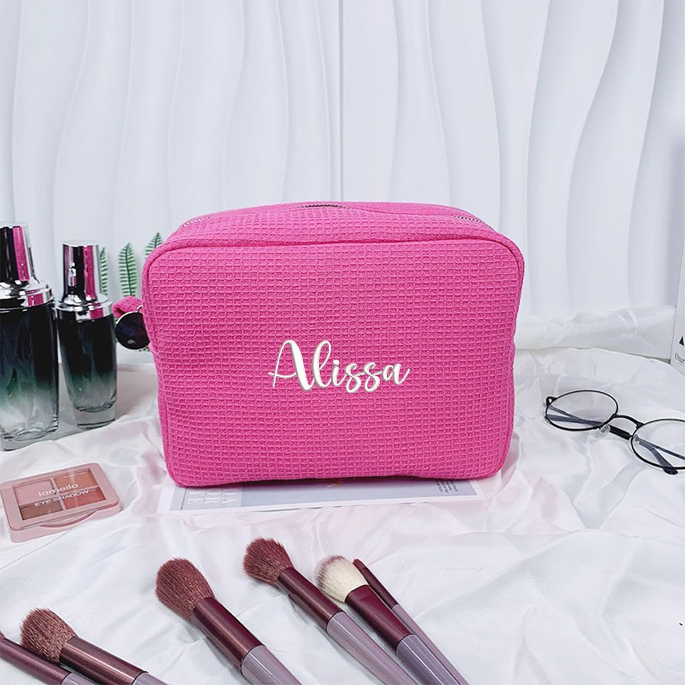 GOPHIE Personalized Embroidered Makeup Bag,Custom Waffle Fabric Cosmetic Pouch for Women, Travel Makeup Pouch (1, Hot Pink)