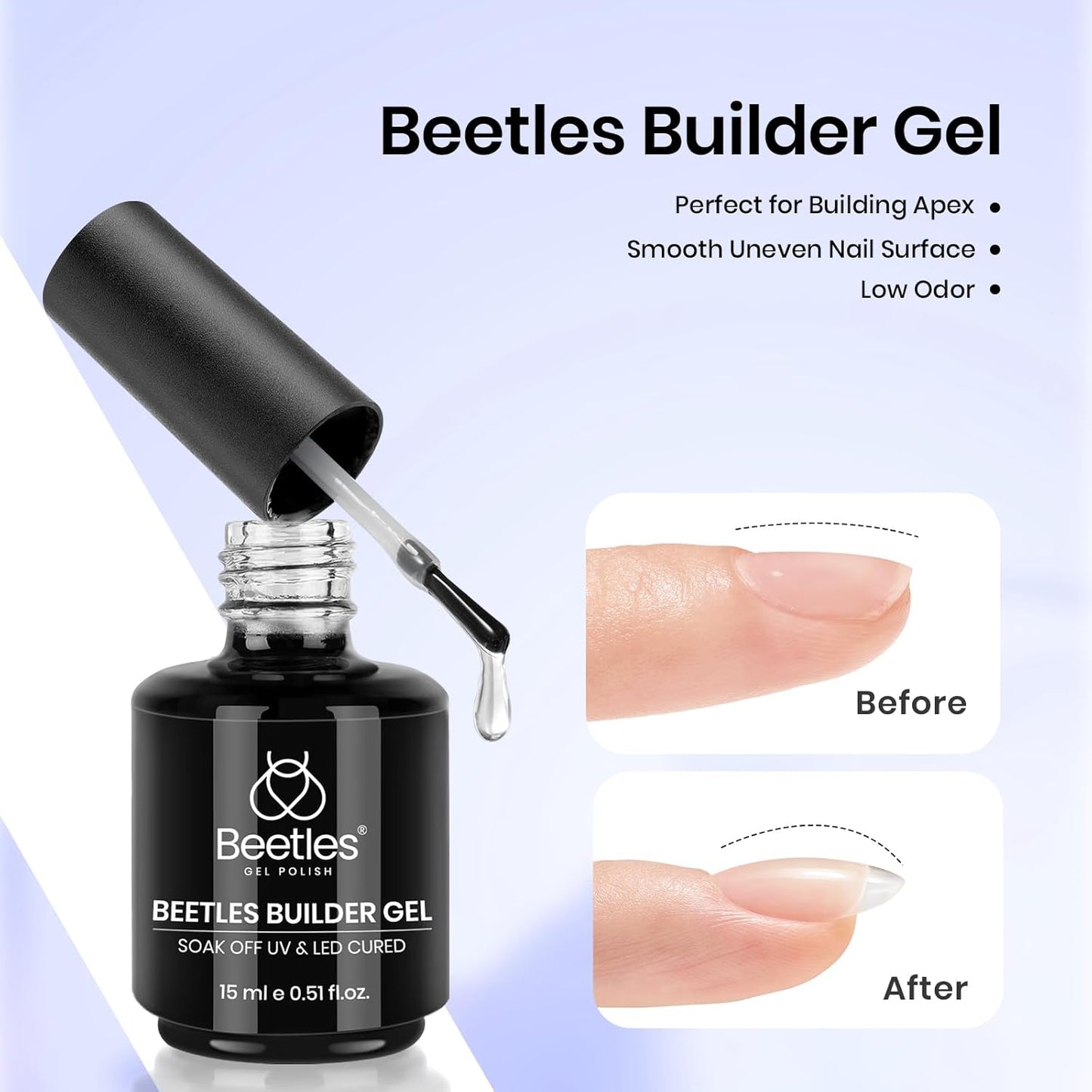 Beetles 3Pcs 15ml Builder Nails Gel with No Wipe Top Coat and Base Coat Set, Nail Extension Strengthening Nail for UV LED Lamp, Soak Off Gel Nail Polish for Nail Art