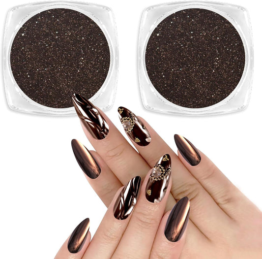Allstarry Brown Chrome Nail Powder, 2pcs Metallic Mirror Effect Dust Glitter Glazed Manicure Decoration Reflective Pigment for Gel Polish Nail Art Decoration Resin Craft, Festivals - Dark Coffee