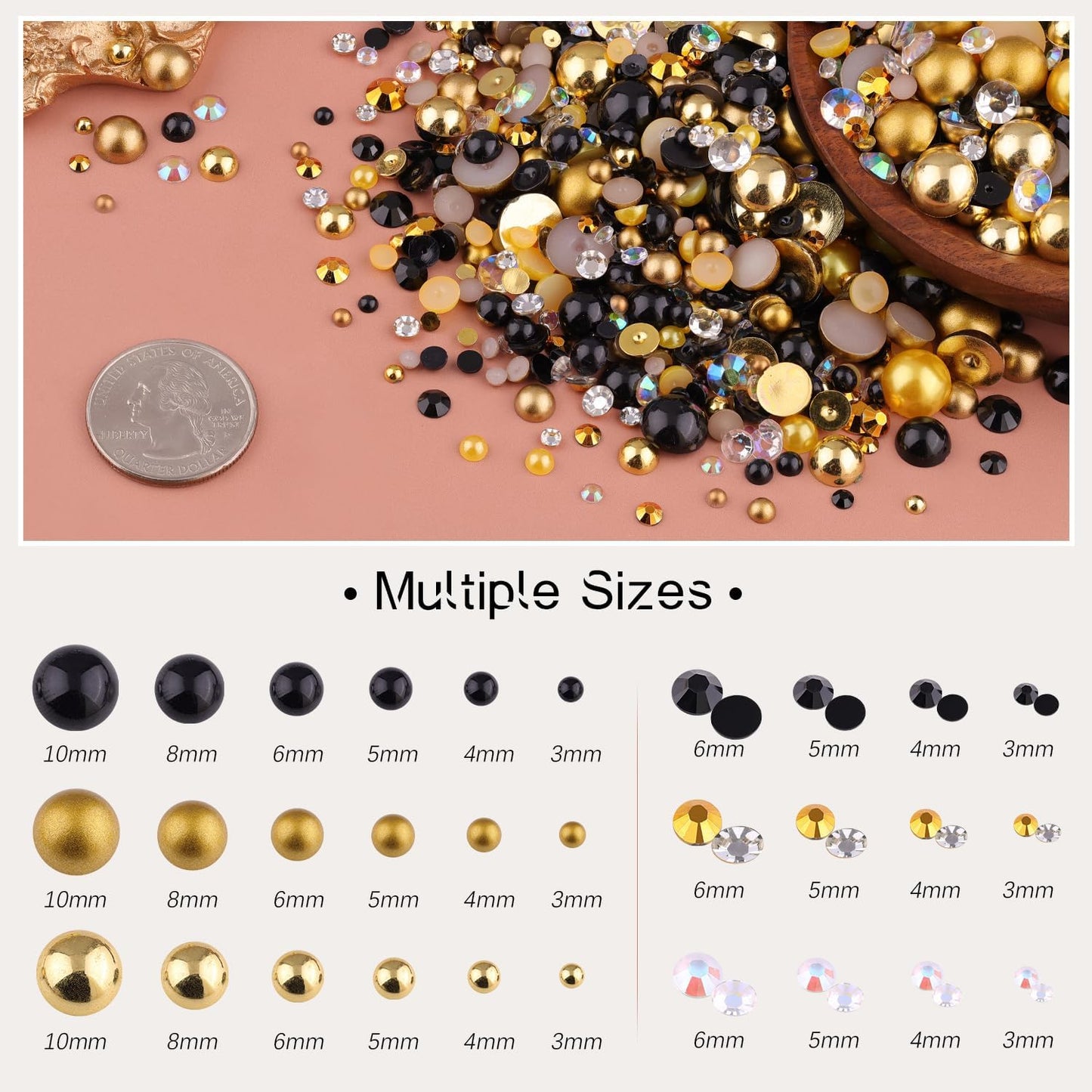 80g Flatback Pearls and Rhinestones for Crafting, Golden Black 3-10mm Resin Rhinestones and Half Pearls for Bedazzling, Nail Art and Dec with 3pcs 10ml B7000 Jewelry Glue, Tweezer and Pickup Pencil
