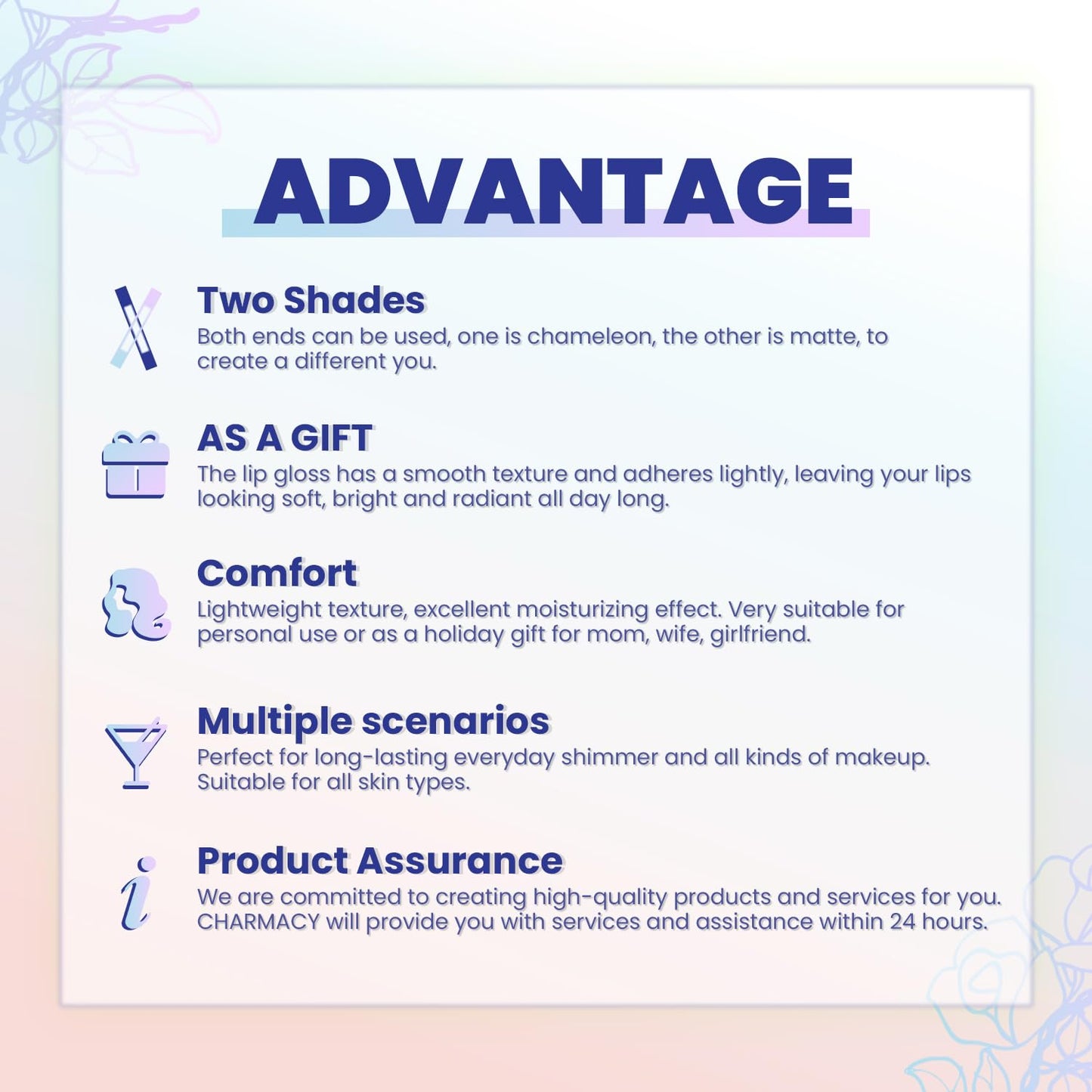 CHARMACY 2 In 1 Multichrome Moisturizing Lip Gloss, Double Head Liquid Lipstick, Mirror Waterproof Long Lasting No Fading Lip Balm, Hydrating Lip Plumper Waterlight Glossy Makeup #001