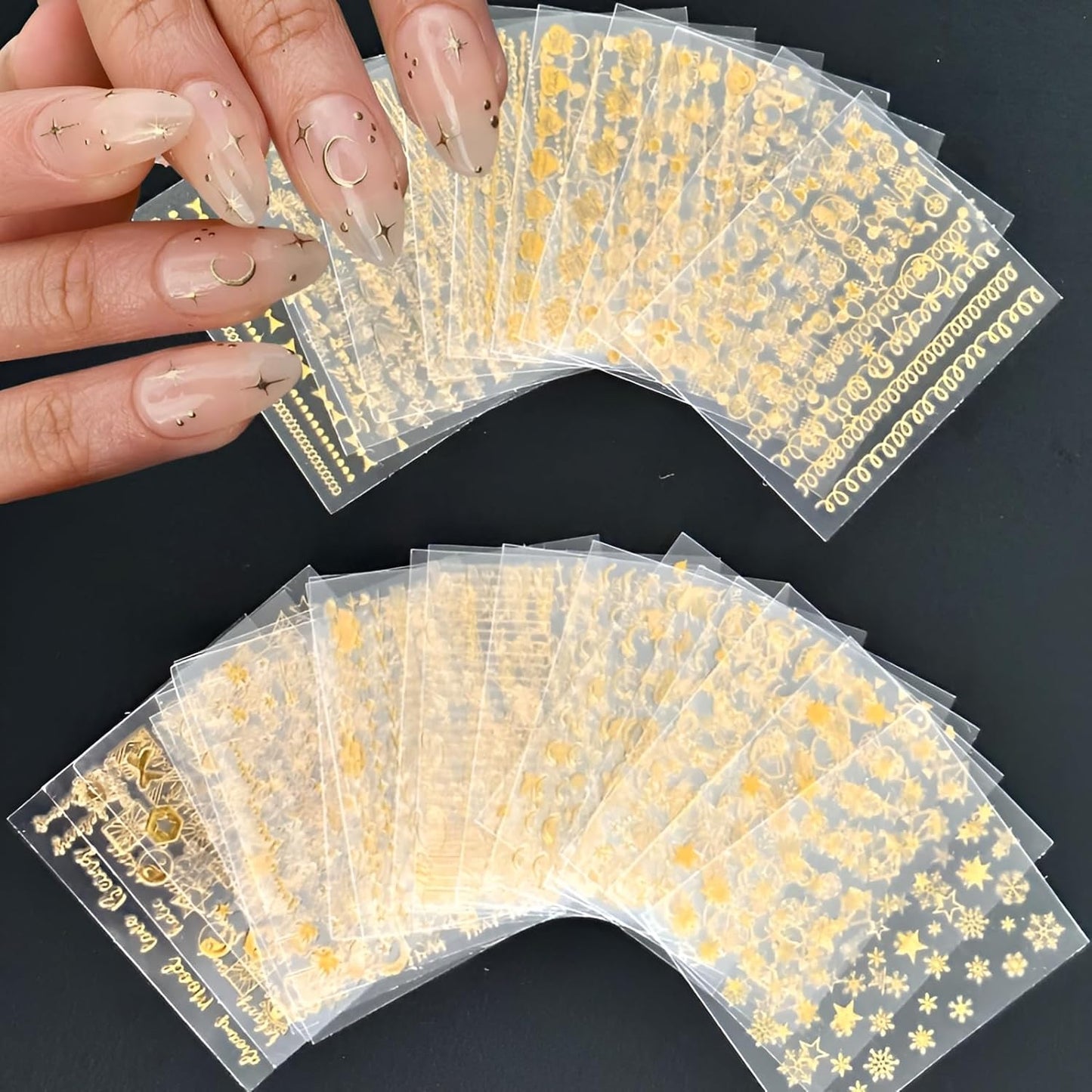 30 Sheets Gold Nail Art Stickers 3D Self-Adhesive Nail Decals Gold Line Star Nail Stickers for Acrylic Nails Gold Leaf Diamond Nail Supplies for Women