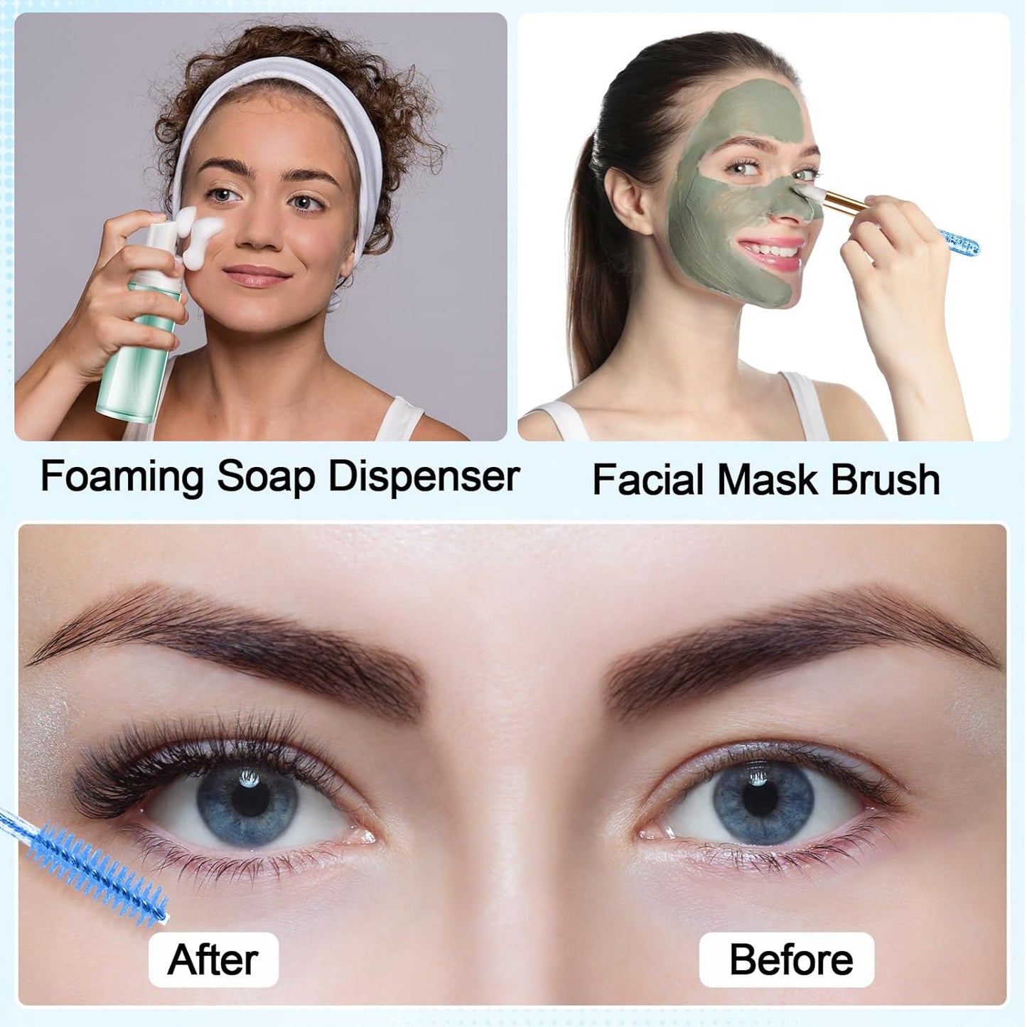 Zhehao 80 Pcs Lash Shampoo Bottle Brushes Kit 20 Foam Pump Dispensers 20 Lash Shampoo Brushes 20 Eyelash Aftercare Bag 20 Cleaning Pipes, Eyelash Extension Supplies(Blue)