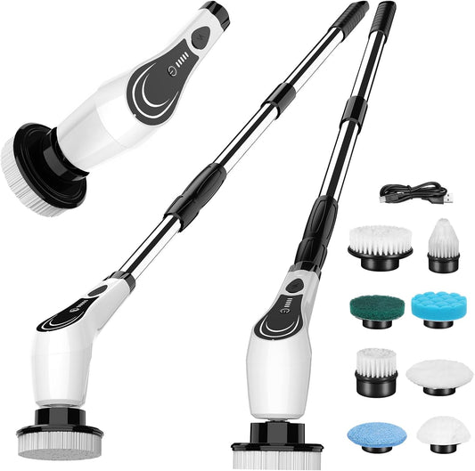 White Electric Spin Scrubber, Cordless Spin Scrubber with 8 Replaceable Brush Heads, Electric Scrub Brush with Adjustable Extension Handle, Electric Cleaning Brush for Bathroom, Tile and Bathtub