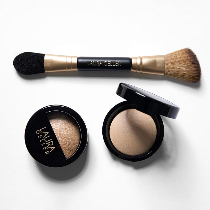 LAURA GELLER NEW YORK Dual-Ended Highlighter Brush - Multipurpose Makeup Brush for Highlighter, Blush, Bronzer and More - Includes Dual-Fiber Vegan Bristles and Satin Paddle for Flawless Application
