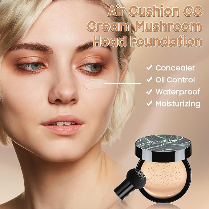 Air Cushion CC Cream Foundation - Mushroom Head BB Creams, Long Lasting Concealing Brightening, Moisturizer Face Cream,Facial Skin Care Makeup For All Skin Types (Natural)