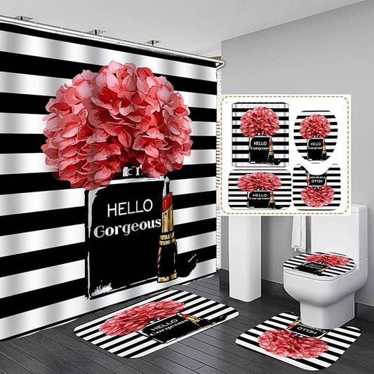 4PCS Hello Gorgeous Shower Curtain Set Watercolor Red Floral Black and White Striped Perfume Lipstick Makeup Vintage Modern Fashion Women Bathroom Decor Non-Slip Bath Mat Toilet Rug, Hydrangea