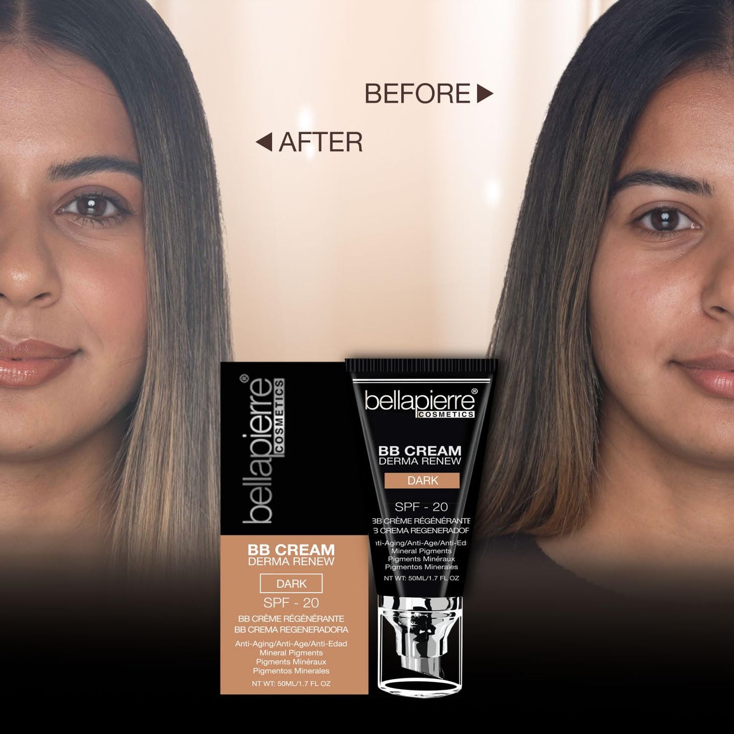 bellapierre BB Cream with SPF 20 - Tinted Sunscreen, Concealer, Matte Foundation, & Moisturizing Face Cream | Lightweight Formula + Pump Top Applicator | Non-Toxic & Paraben Free | 1.7 Oz - Dark