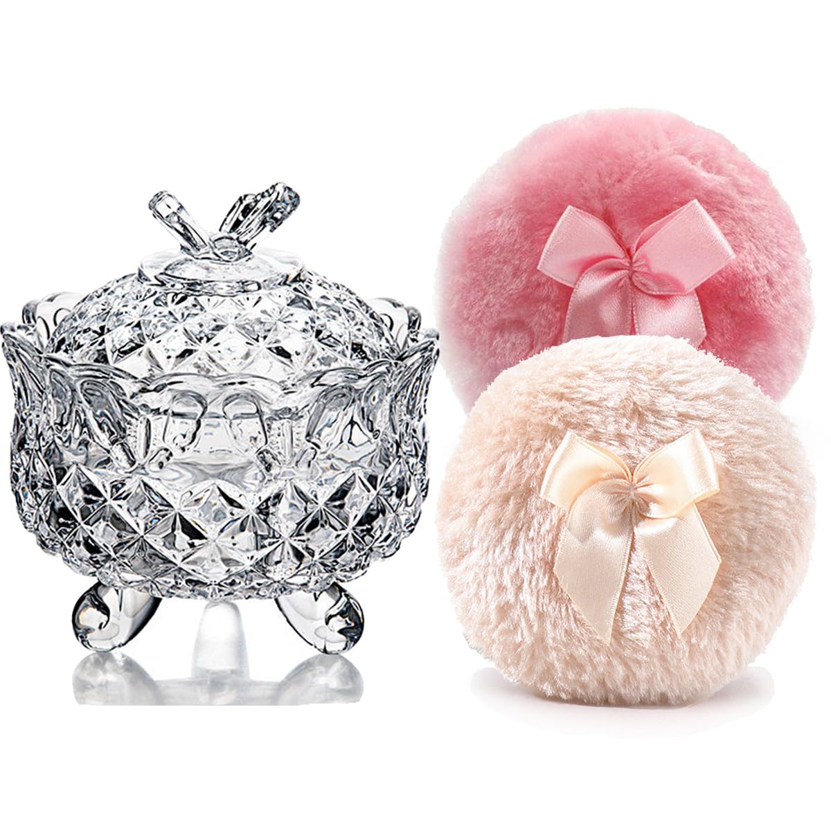 Luxury 4 Inch Glass Loose Powder Container with 2 Soft 3.5" Puffs｜Non-Sealed Refillable Organizer Storage for Body Powder Makeup & Jewelry & Setting Applicator(Butterfly-Clear)