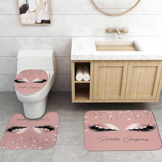 4PCS Hello Gorgeous Shower Curtain Set, Eyelash Makeup Glam Fashion Girly Pink Bathroom Decor for Women Girls, Waterproof Fabric Shower Curtain, Non-Slip Bath Mat Toilet Rug, Rose Gold Glitter