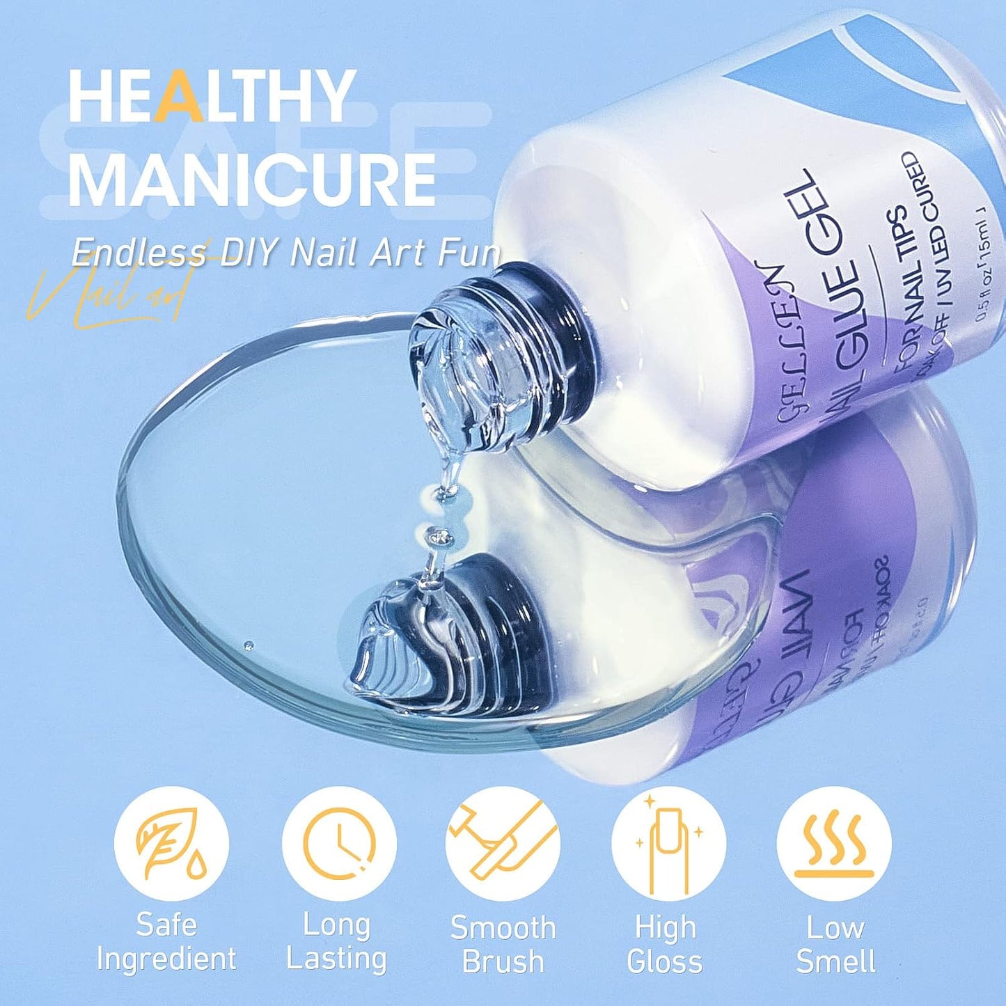 Gellen Nail Glue Gel, 2PCS 15ML 3 in 1 Gel Nail Glue for Acrylic Nail & Base Gel & Nail Strengthener Kit, Nail Glue for Press On Nails False Nails, Super Strong Gel Glue for Nail Extension