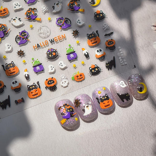 Halloween Nail Stickers Spooky and Cute Nail Decals Pumpkin Ghost Cat Skull Stickers for Nails 3D Self-Adhesive Nail Art Supplies & Decorations for Women Girls,DIY Manicure Decor 1 Sheet