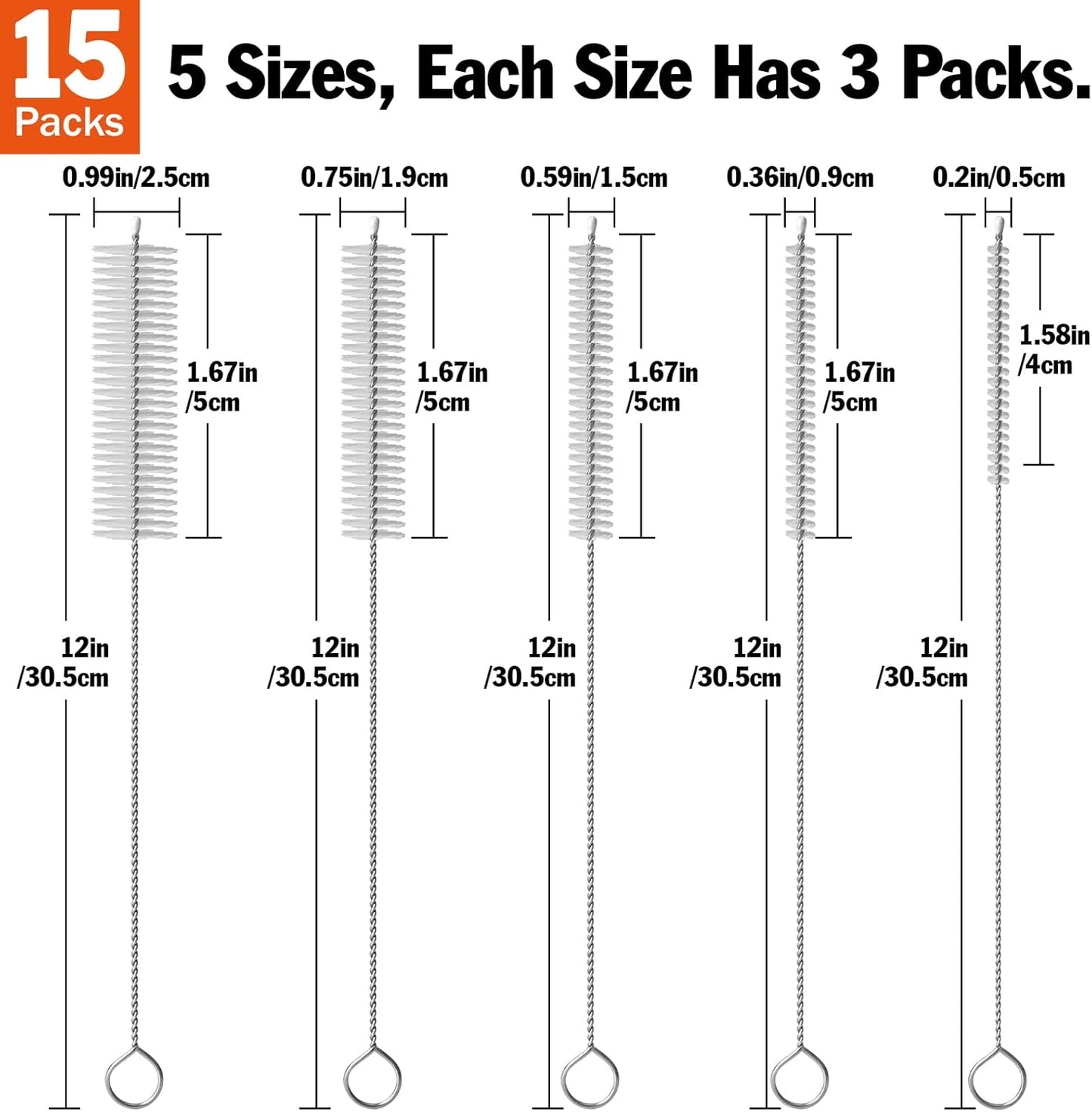 AZEN 15 Pack Straw Cleaner Brush Set, 12 inch Extra Long, 5 Different Diameters Reusable Cleaning Brush for Sippy Cup, Water Bottle and Tubes