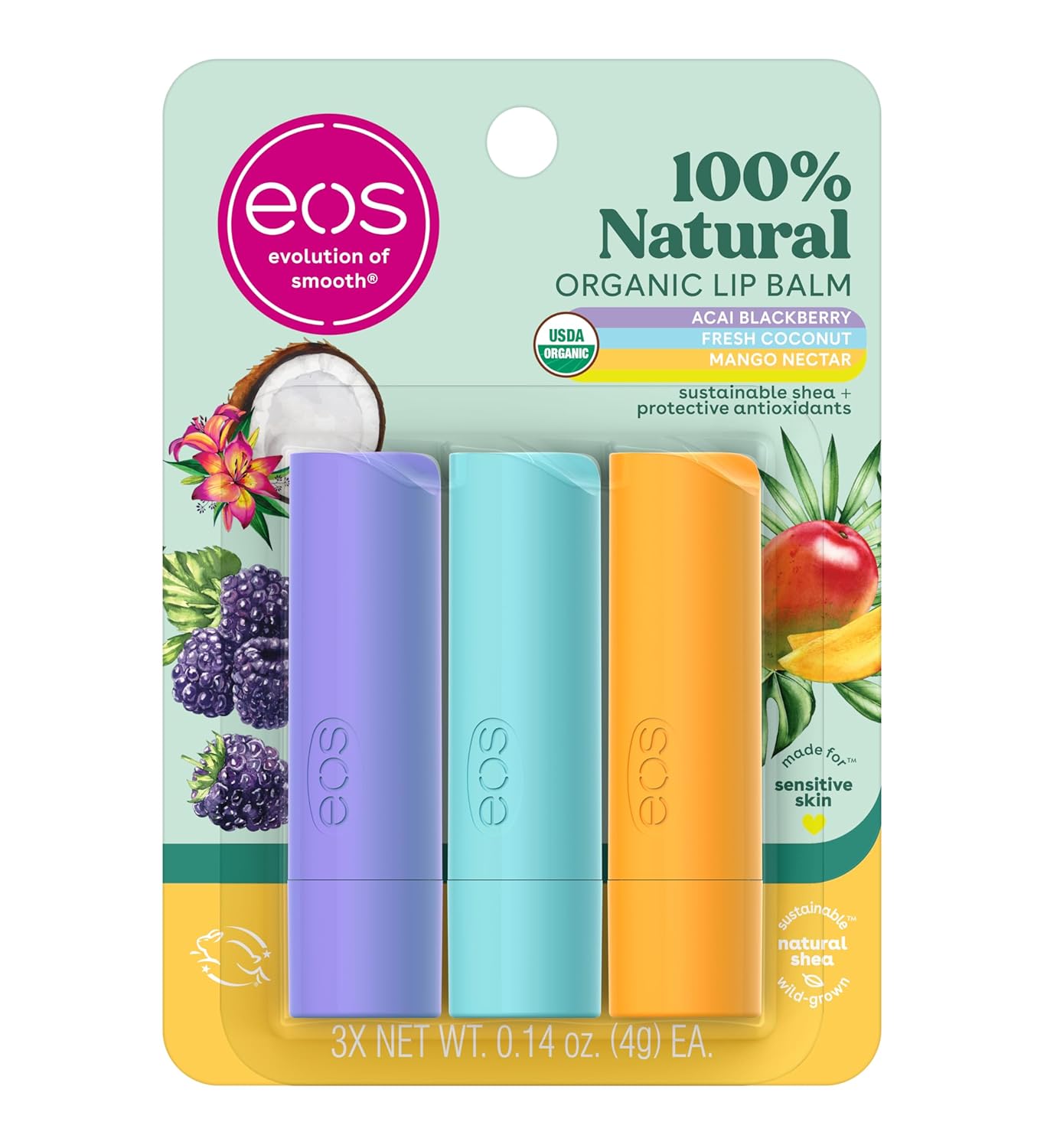 eos Natural Shea Lip balm, Acai Blackberry, Fresh Coconut, Mango Nectar 3-Pack Sticks
