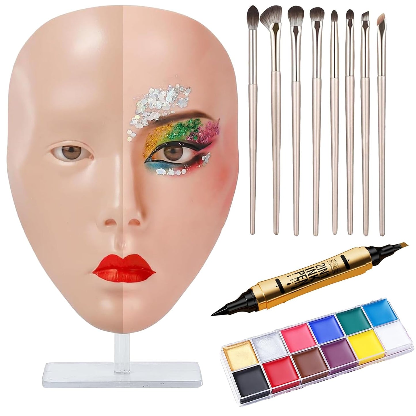 Practice Makeup Face, Face Painting Mannequin Head with Stand, 5D Reusable Silicone Makeup Face Practice, Mannequin Head for Makeup with Makeup Kit, Practice Face for Makeup Artist & Beginner, Pink