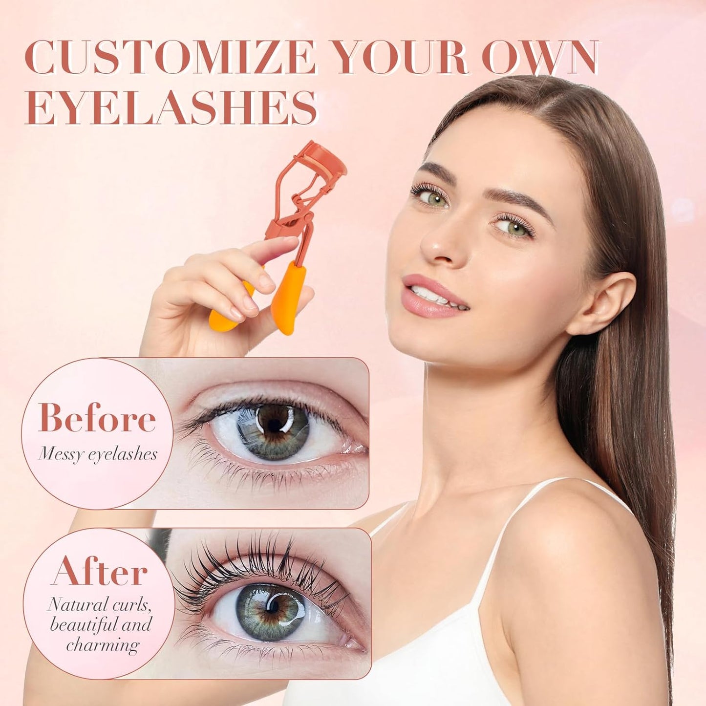 Eyelash Curler with Pads, Lash Curler with 10 Extra Silicone Replacement Pads, Comfortable Grip for Effortless Curling – Eyelashes for The Perfect Eye Contour (Honeydew Orange)