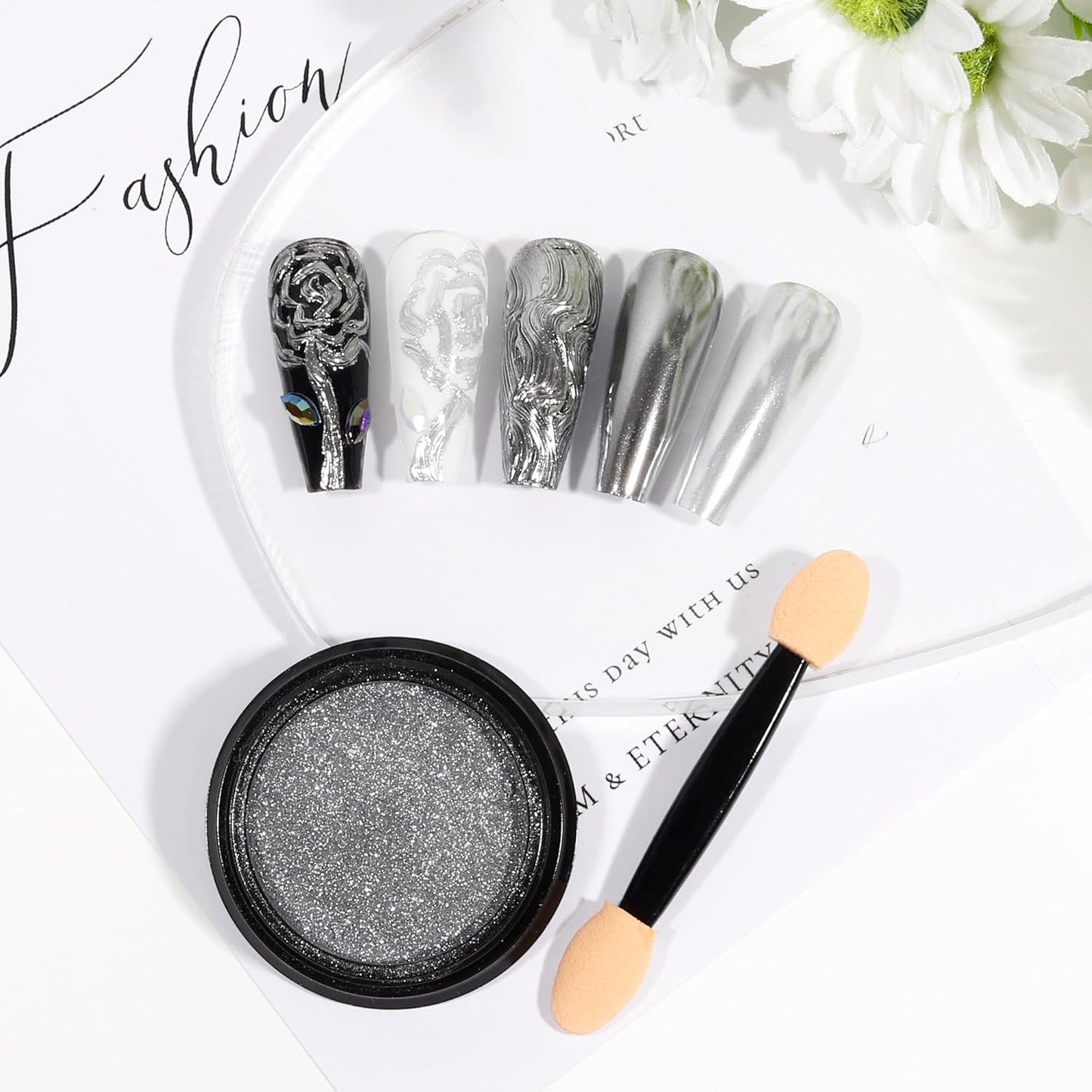 Artdone Chrome Nail Powder, Silver Iridescent Aurora Powder Metallic Mirror Effect Pigment Pearlescent Mermaid Pigment Pearl Glitter Dust Kit, Nail Art Decoration, Resin Craft