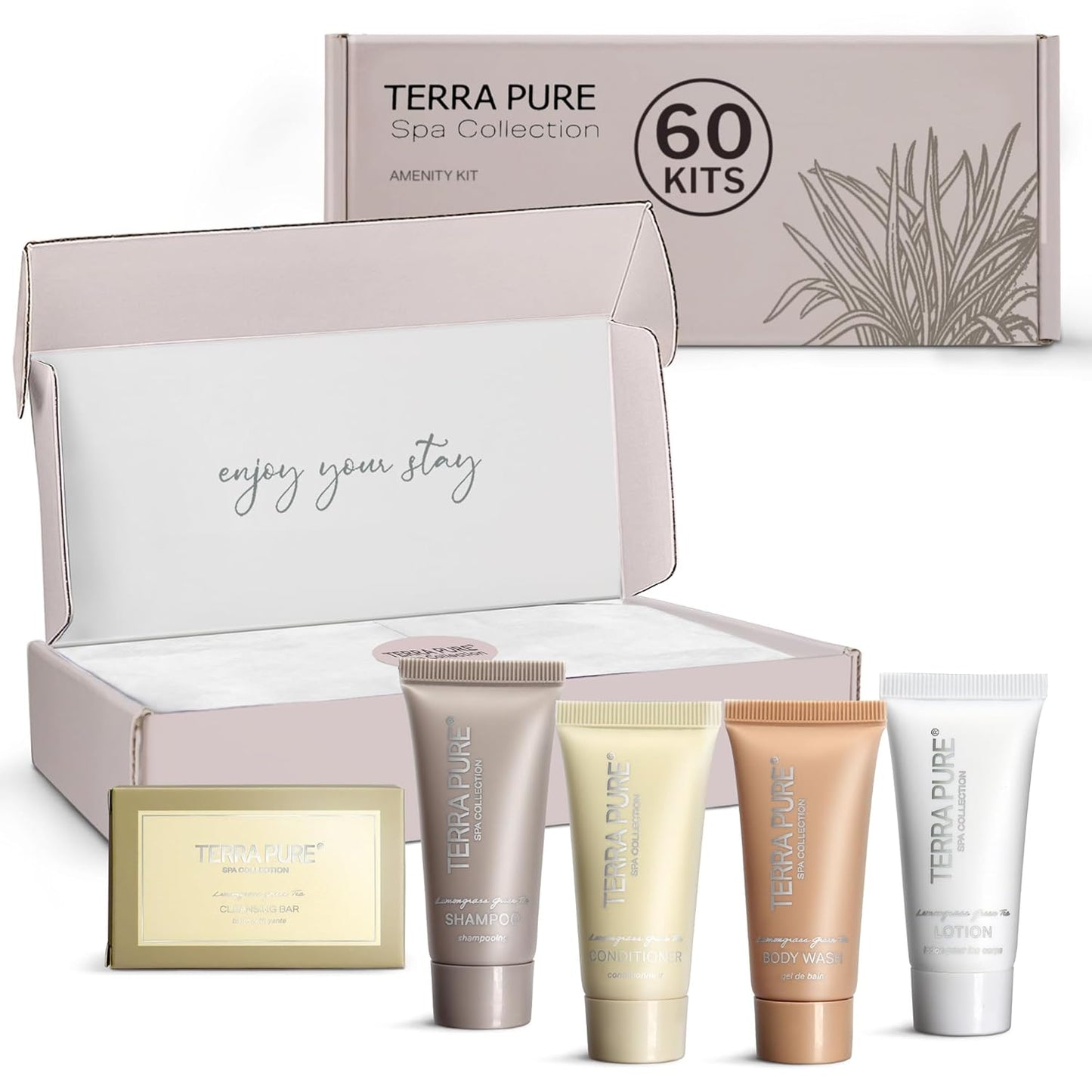Terra Pure Spa Collection Amenity Kit | Hotel Toiletries | Bulk Set 0.85 oz Travel Size Shampoo,Conditioner, Lotion,Body Wash & Massage Bar for Guest Hospitality AirBnB/Vacation Rentals | 60 sets/case