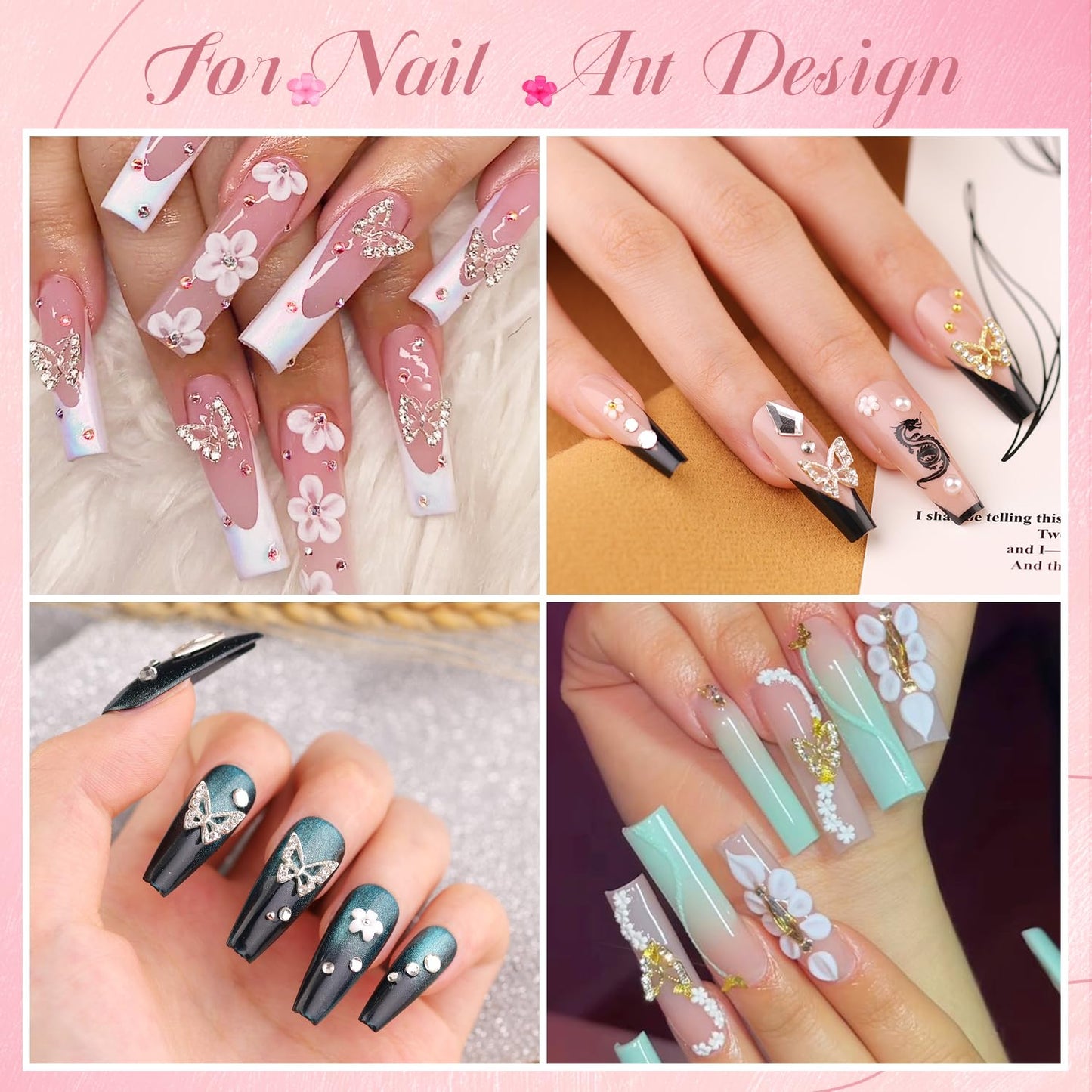 3D Nail Charms and Gems Set 2 with Rhinestone Glue, 20PCS Gold and Silver Chunky Butterfly Nail Charms, 3D Flowers for Nails, Flatback Crystals and Pearls + Diamonds + Picker Tool for Y2K Nail Decor