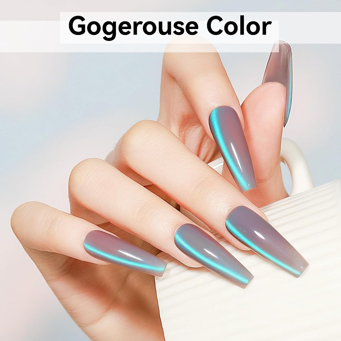 Cat Eye Gel Polish, Glass Blue Glitter Cateye Magnetic Nail Polish Magic Holographic Effect, UV Gel Sparkle Crystal Jelly Color Manicure for Nail Salon DIY At Home