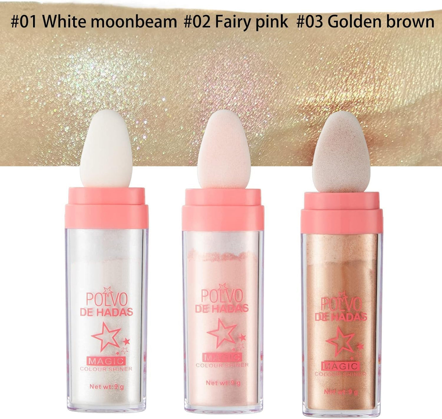 3 Color Polvo De Hadas, Body Glitter Highlighter Powder Fairy Stick for Makeup Shimmer and Shine High Gloss Blush Contour Powder Makeup - Sparkle Patting for Hair Face Eyes Body