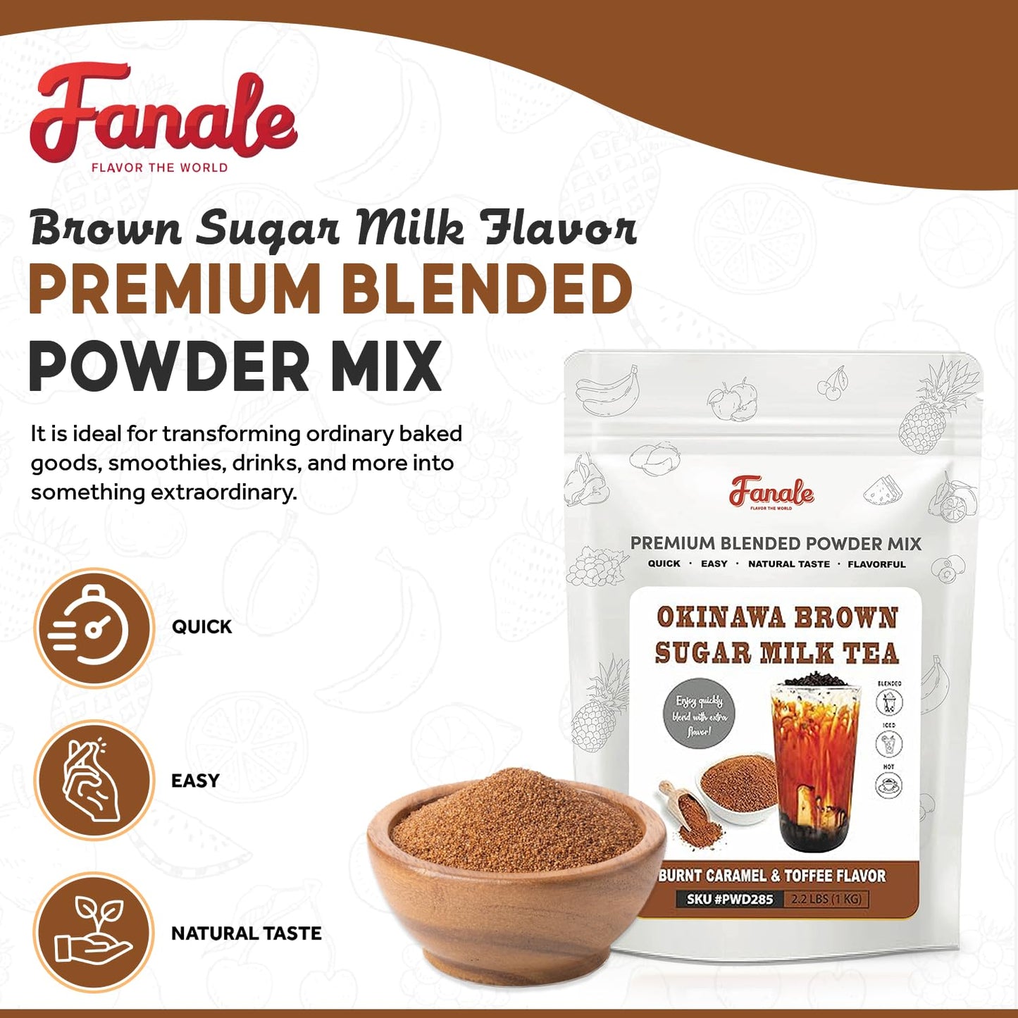 Fanale Premium Okinawa Brown Sugar Milk Tea Flavoring Powder | Perfect for Baking, Smoothies, Desserts and Drinks | Instant Flavoring Powder for Boba Milk Tea - 2.2 lb 1kg | PWD285