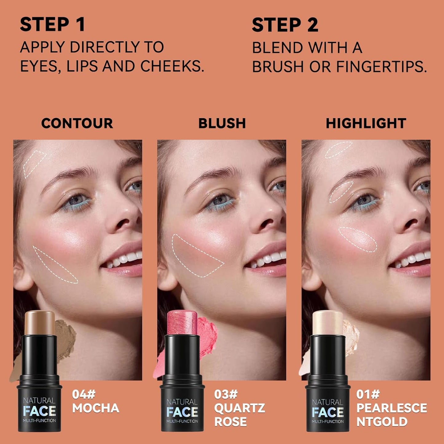 3Pcs Cream Contour Stick Makeup Kit, Shades with Highlighter, Blush and Bronzer Contour Stick for Sculpt the Cheeks, Long Lasting, Waterproof, Matte & Dewy Finish LIGHT(1+3+4)