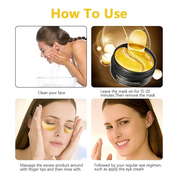 Under Eye Collagen Patch, 24K Gold Anti-Aging Mask, Pads for Puffy Eyes & Bags, Dark Circles and Wrinkles, with Hyaluronic Acid, Hydrogel, Deep Moisturizing Improves elasticity, 30 Pairs