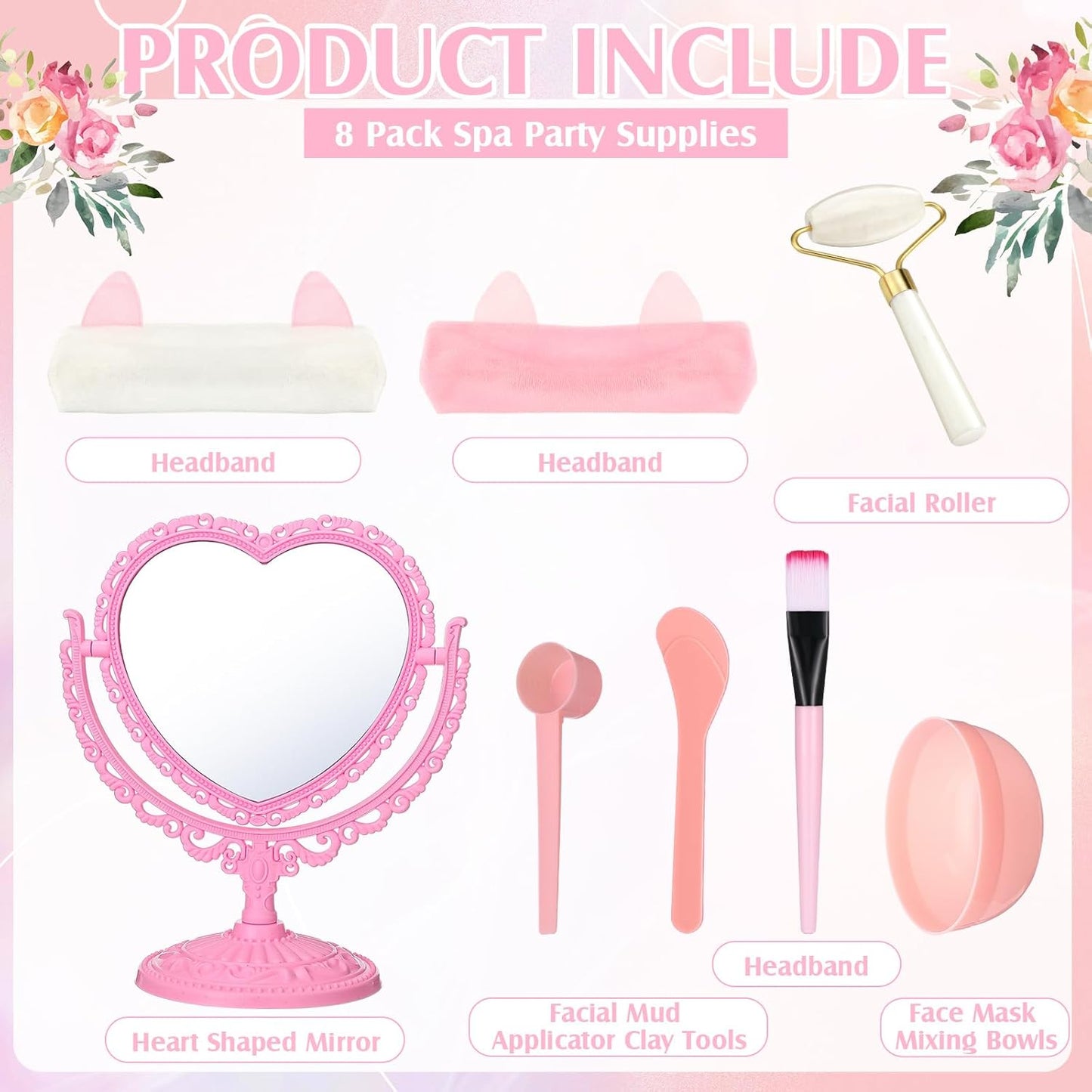 8 Set Spa Party Supplies for Girls Including 8 Heart Shaped Stand Mirrors 8 Jade Roller for Face 8 Face Brushes Kit 8 Face Mask Mixing Bowl 8 Headband for Sleepover Birthday Party Favors