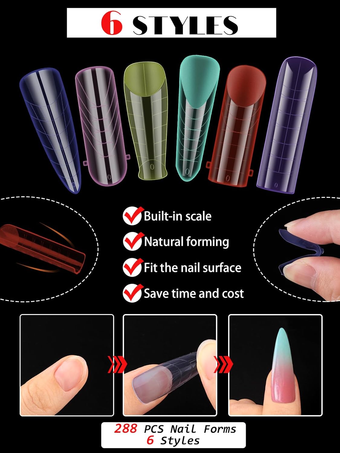 Dual Forms for Poly Gel Extension, 6 Colors Nail Form, 6 Styles Nail Forms for French Nails, 72PCS Duet System Dual Forms Sticker Silicone Pads for French Manicure Extension-12 Sizes, 144PCS