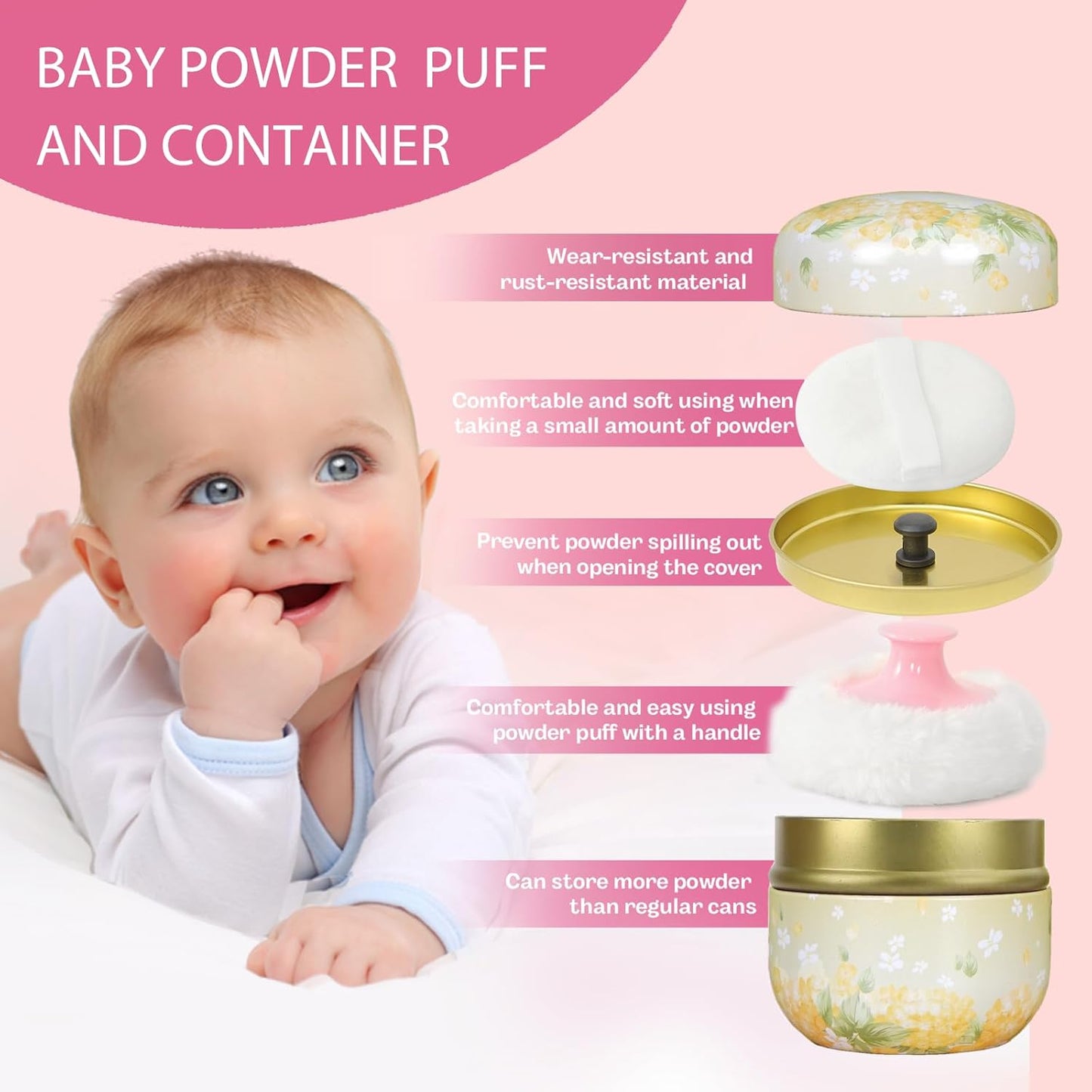 SHIMIDO Body Powder Puff and Container, 3.15" Portable Empty Body Powder Container for Baby Women's Loose Dusting Powder, Powder Case Box with Lids for Bath, Travel and Home Use (Yellow Flower)