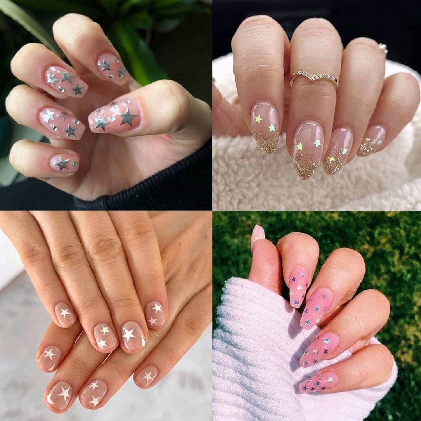 7Sheets Star Nail Art Stickers Decals 3D Self-Adhesive Shiny Black White Rose Gold Stars Nail Decals Holographic Laser Gold Silver Glitter Star Nail Design for Acrylic Manicure DIY Women Nail Decor