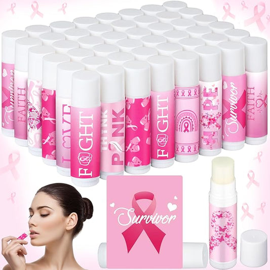 50 Pack Breast Cancer Awareness Favors Bulk Lip Balms Gifts Pink Ribbon Lip Balms Favors Breast Cancer Awareness Month Accessories Support Party Items Decorations for Women Men Survivors