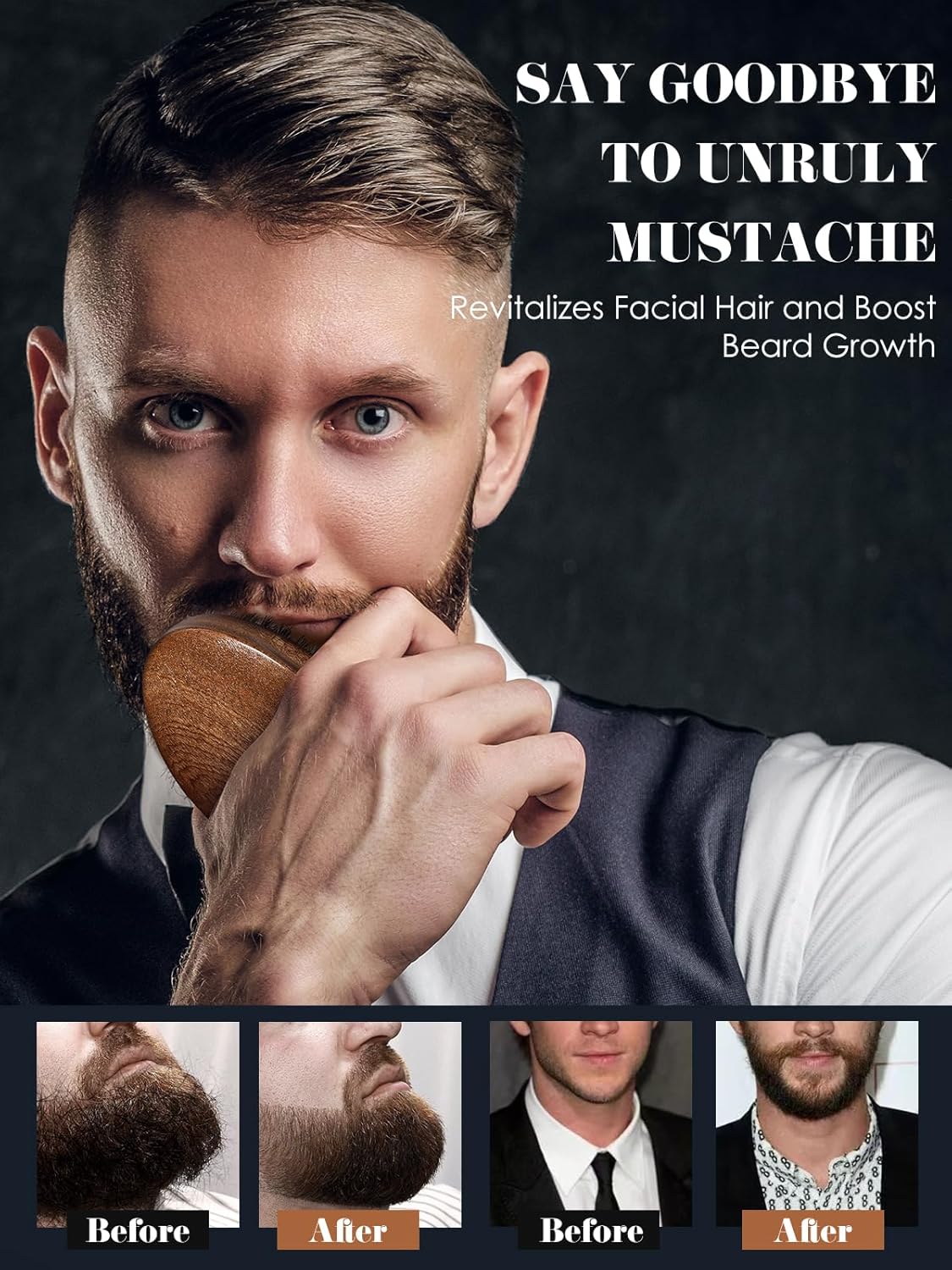 Beard Brush, Natural Boar Bristles Beard Brush for Men and Wooden Sandalwood Pocket Beard Comb Set, Facial Hair Grooming Kit with Mustache Scissors as a Styling Tool, Growth, Detangles, Shine