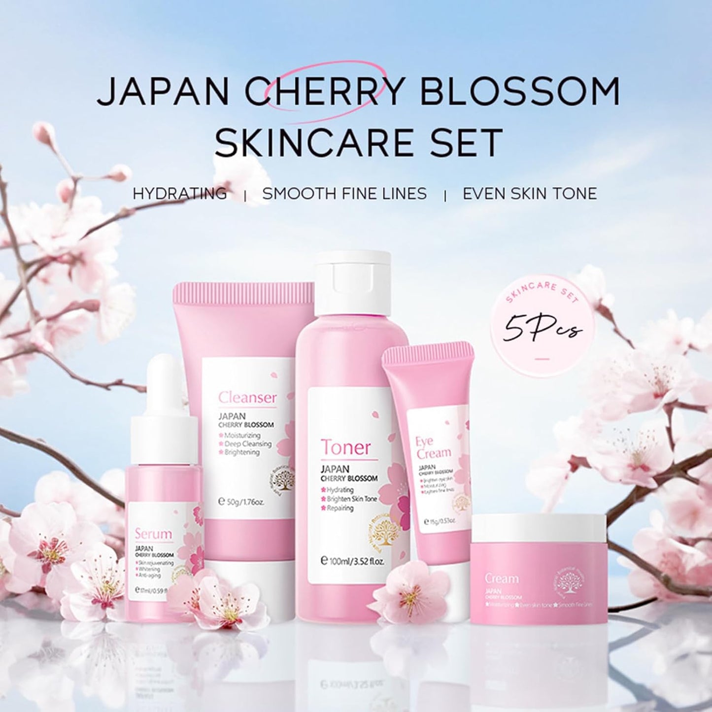 Korean Skin Care Set - Sakura Skin Care Sets & Kits - Women Gift Sets with Cleanser-Toner-Serum-Face Cream-Eye Cream - Skin Care Routine Kit for Women - Beauty Products Gift Box (SetB)