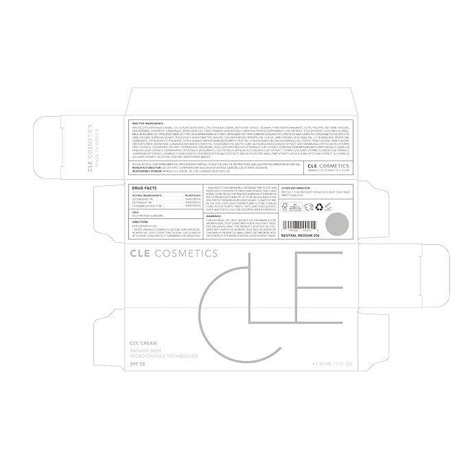 CLE Cosmetics CCC Cream (Neutral Medium 206 / SPF 50) - Color Correcting CC Cream with Sunscreen - Lightweight, Hydrating, Light to Medium Coverage Foundation - BB & CC Cream Hybrid - 1 fl oz