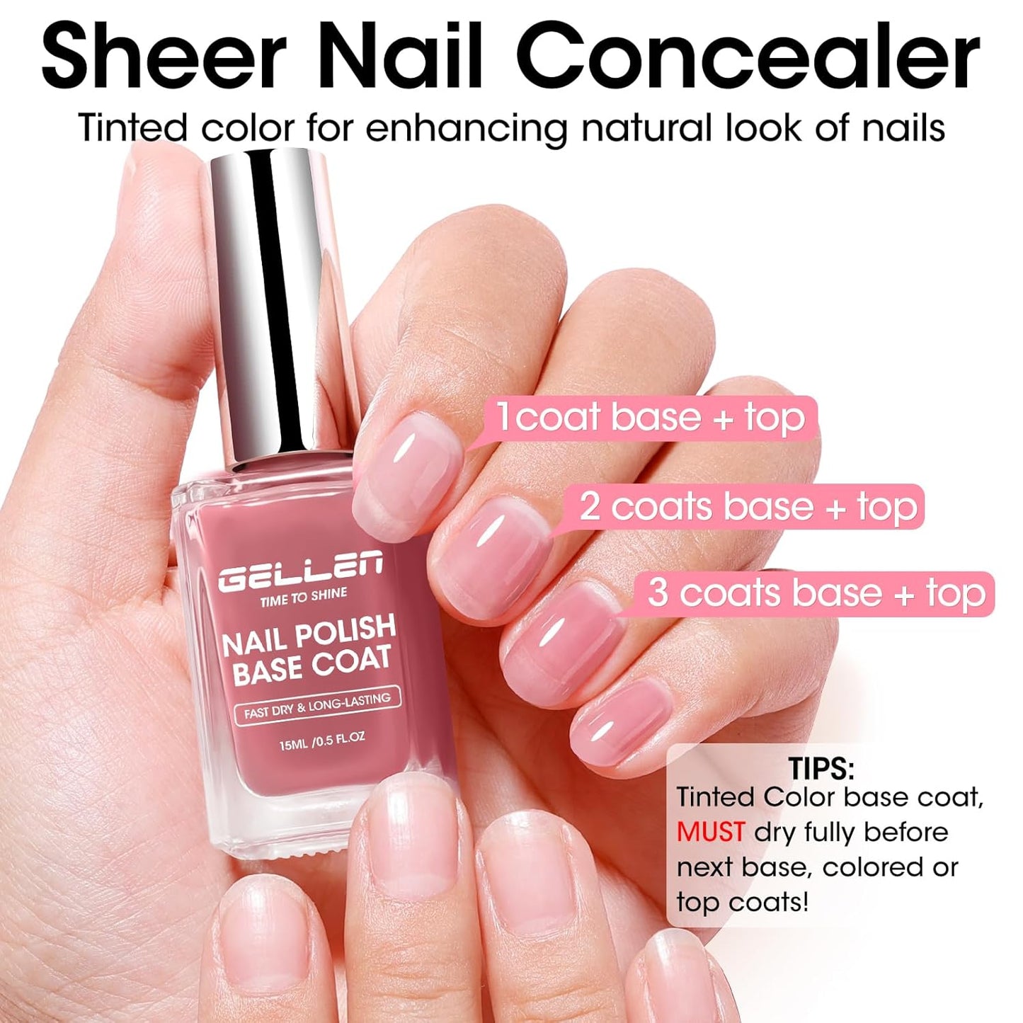 GELLEN 4-In-1 Clear Nail Polish Base Coat Dusty Pink Tint, Sheer Rose Ridge Filler For Nails, Nail Strengthener Concealer, Calcium Formula Smoothes Strengthens Nails, Enhances Natural Look, HEMA Free