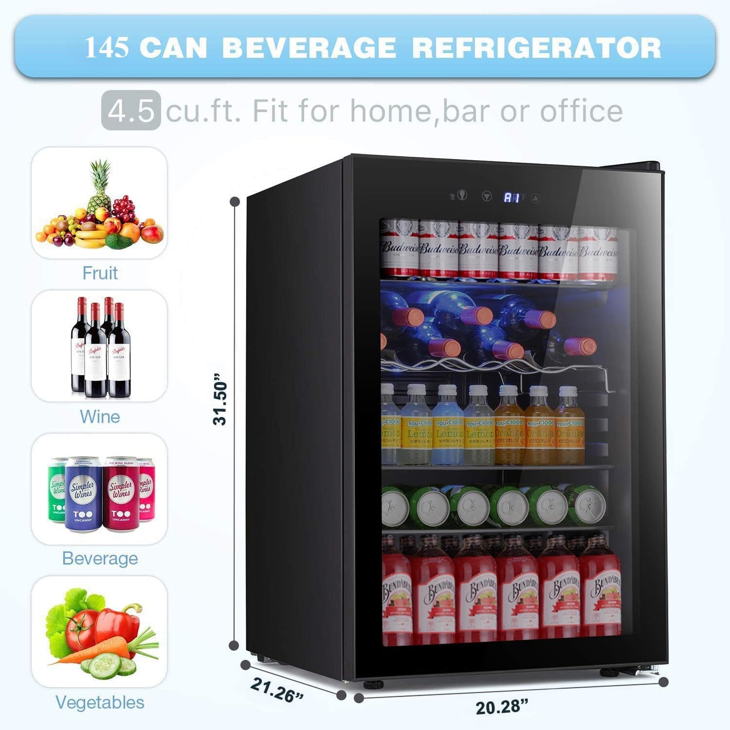 Antarctic Star Beverage Refrigerator -150 Can Mini Fridge for Soda Beer or wine,Small Drink Dispenser, For Office or Bar with Adjustable Removable Shelves，4.5 Cu. Ft. (Black)