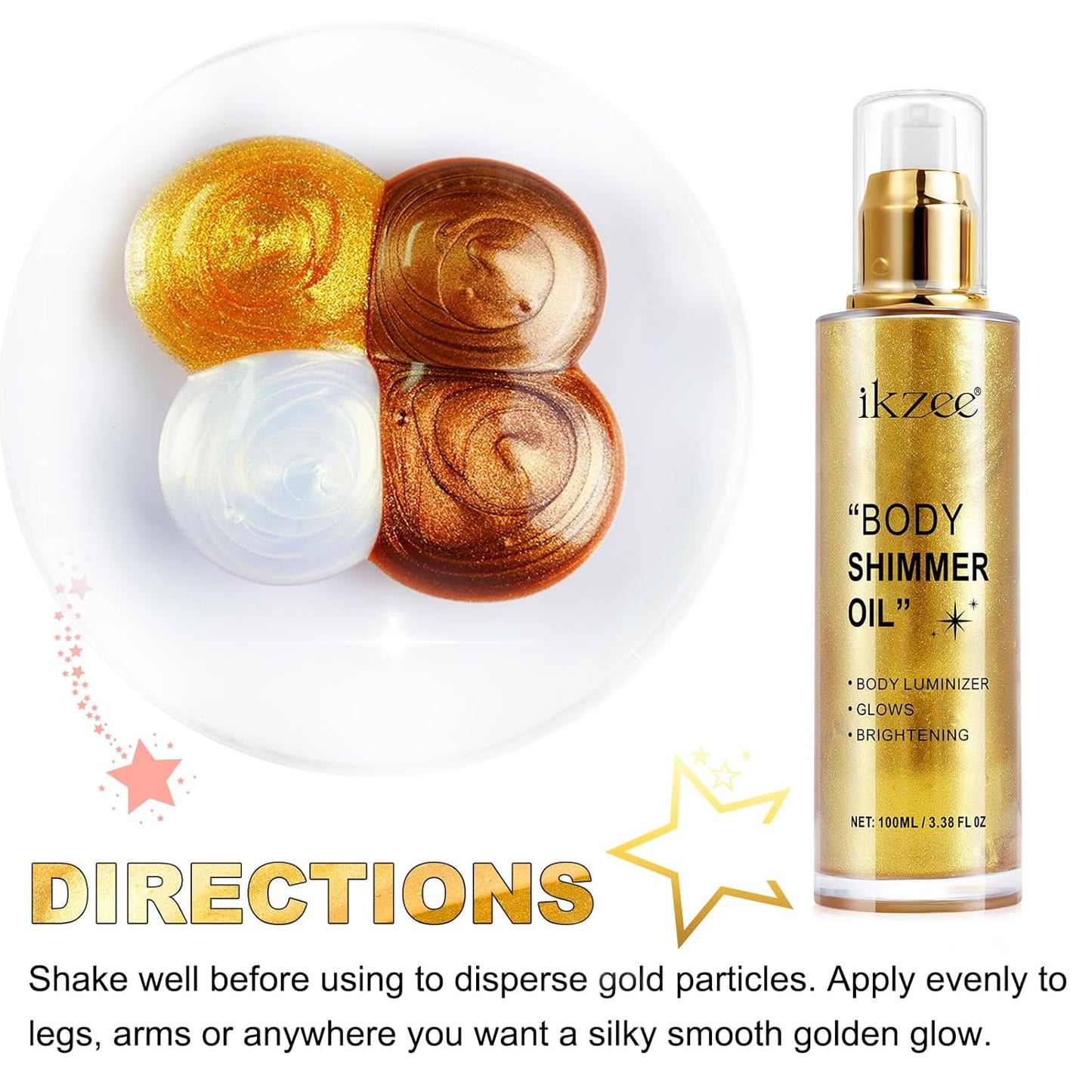 Body Shimmer Oil 100ml, Moisturizing Long Lasting Body Luminizer Face Brightener, Waterproof Liquid Illuminator, Shimmer Glow Highlighter Summer Glowing Tan Makeup (#02 Gold)