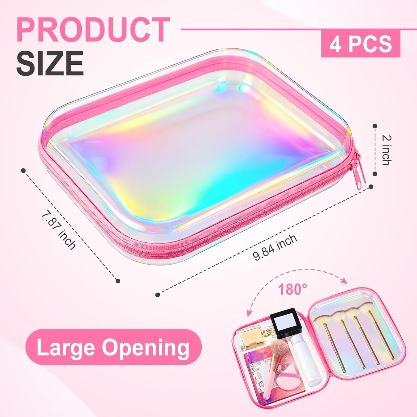 Hoolerry 4 Pcs Hard Clear Zipper Case Makeup Bags Plastic Pencil Pouch Transparent Storage Box Containers for Cosmetics, Snacks, Building Blocks, Puzzles(Pink Laser,9.8 x 7.9 x 2 in)