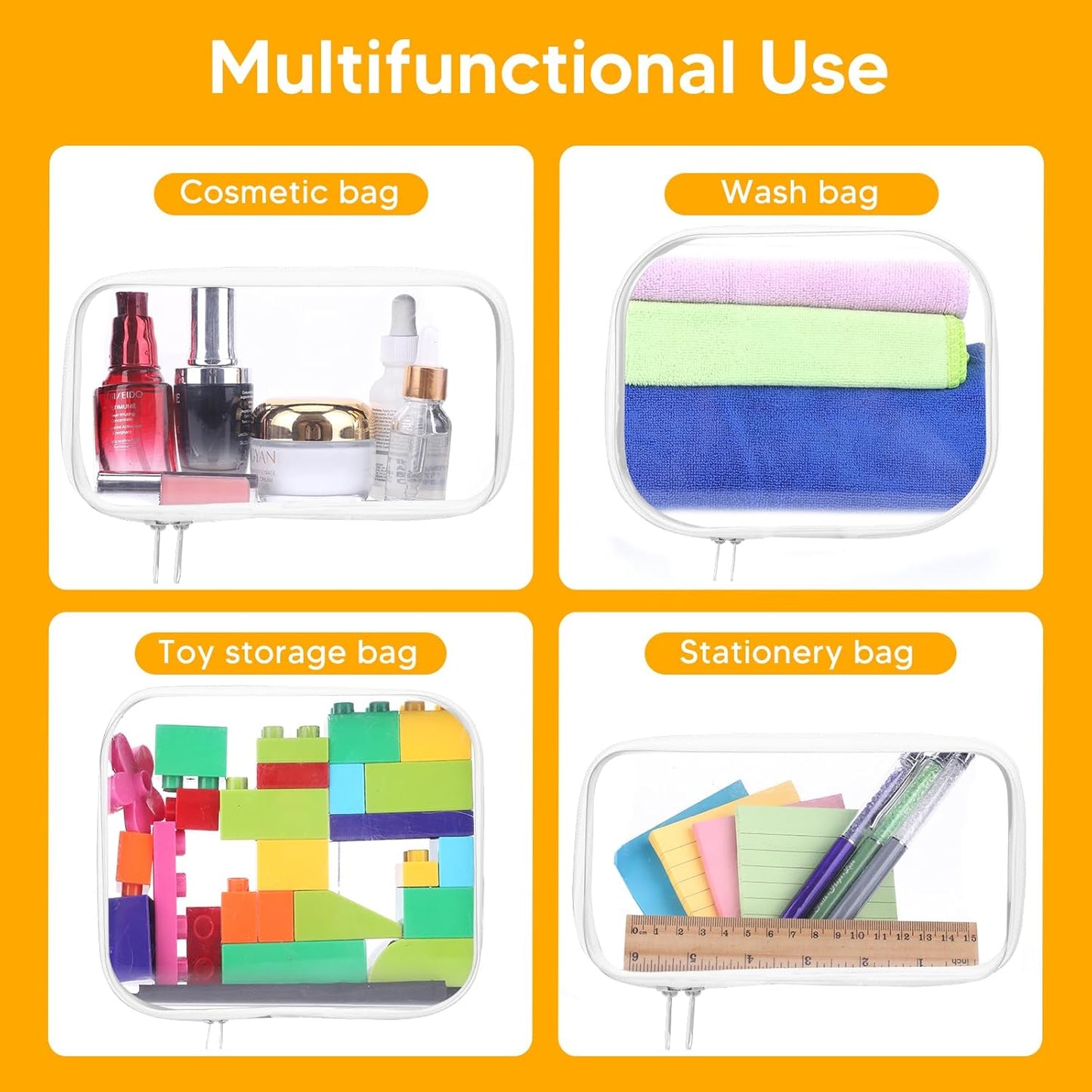 3Pcs Clear Zipper Pouch, PVC Plastic Cosmetic Travel Bag, Portable Travel Organizer Bins, Durable Makeup Bags for Toy Storage, Pencil Case(White-13.8+9.9+7.5inch)