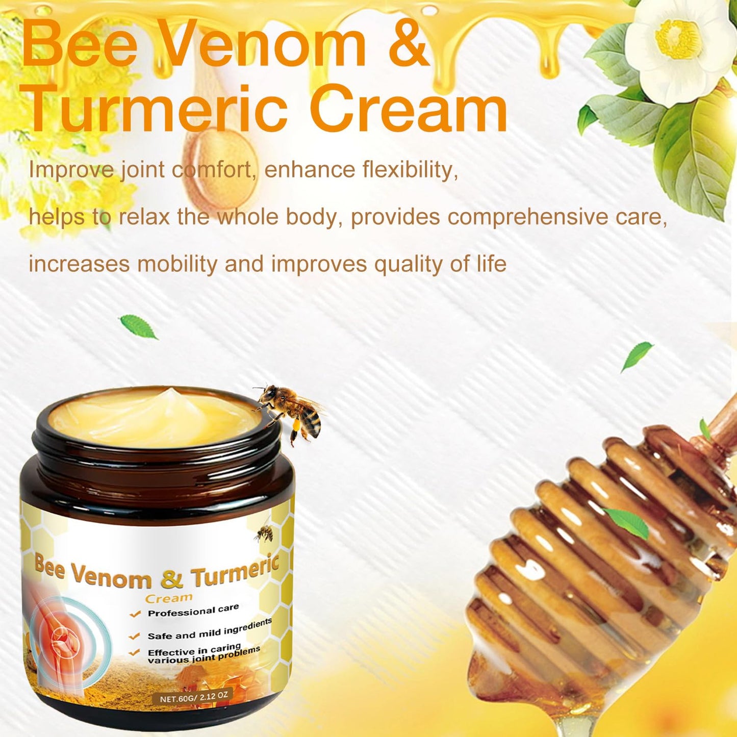 2Pcs Professional Bee Venom Joint,Bee Venom & Turmeric Cream,Natural Bee Venom Cream,Effective for The Back,Waist,Neck,Hands,Knees