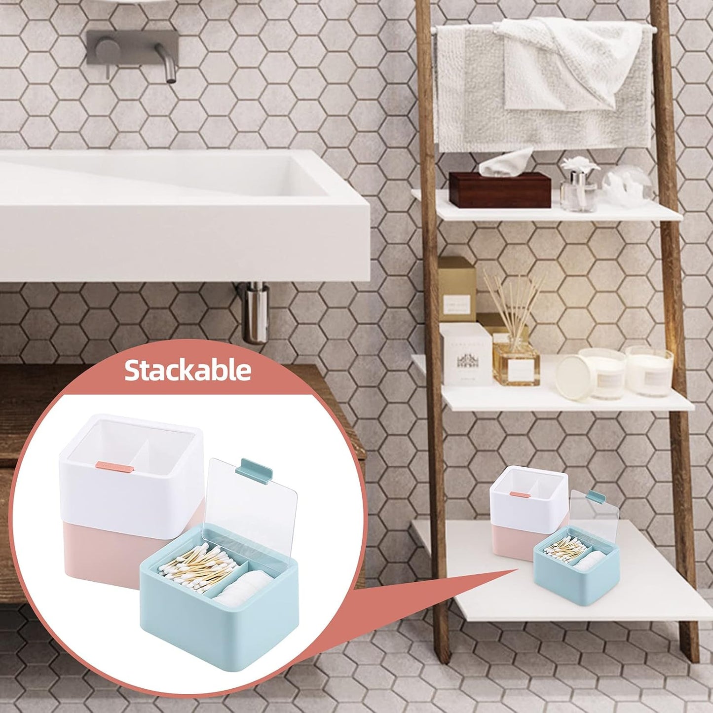 Tecbeauty Large Qtips Holder - 2 Grid Cotton Swab Dispenser, Bathroom Organizer with Cotton Balls, Pads Storage Canisters, Hinged Lids, Blue