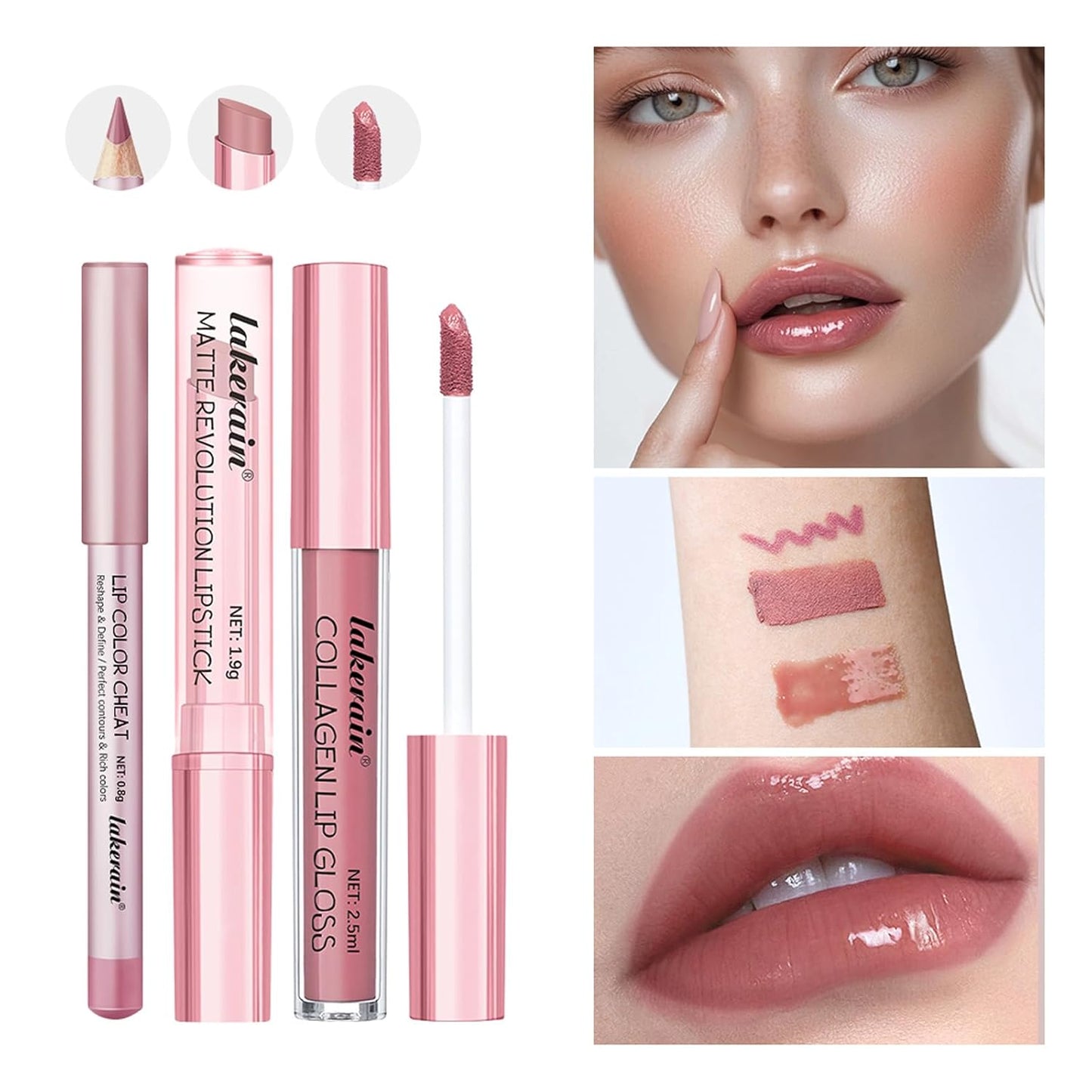 3PCS Lip Liner and Lipstick Combo Set - Matte Lip Liner Pencil, Velvet Matte Lipstick & Hydrating Collagen Lip Gloss - Long-Lasting, Smudge-Proof, High Pigment Nude Pink Lip Makeup Kit (Set 1, 3)
