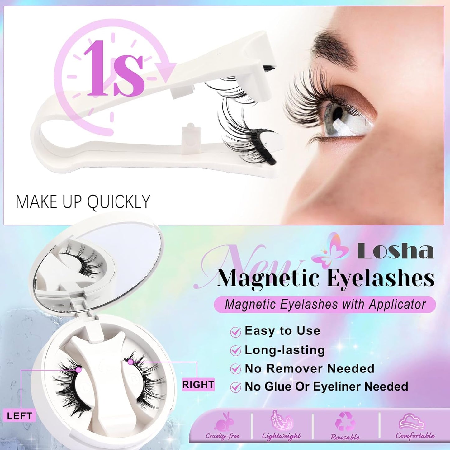 Losha Magnetic Eyelashes with Applicator No Glue Needed Magnetic Lashes 1 Pair Reusable Wispy False Lashes without Eyeliner (Amazing)