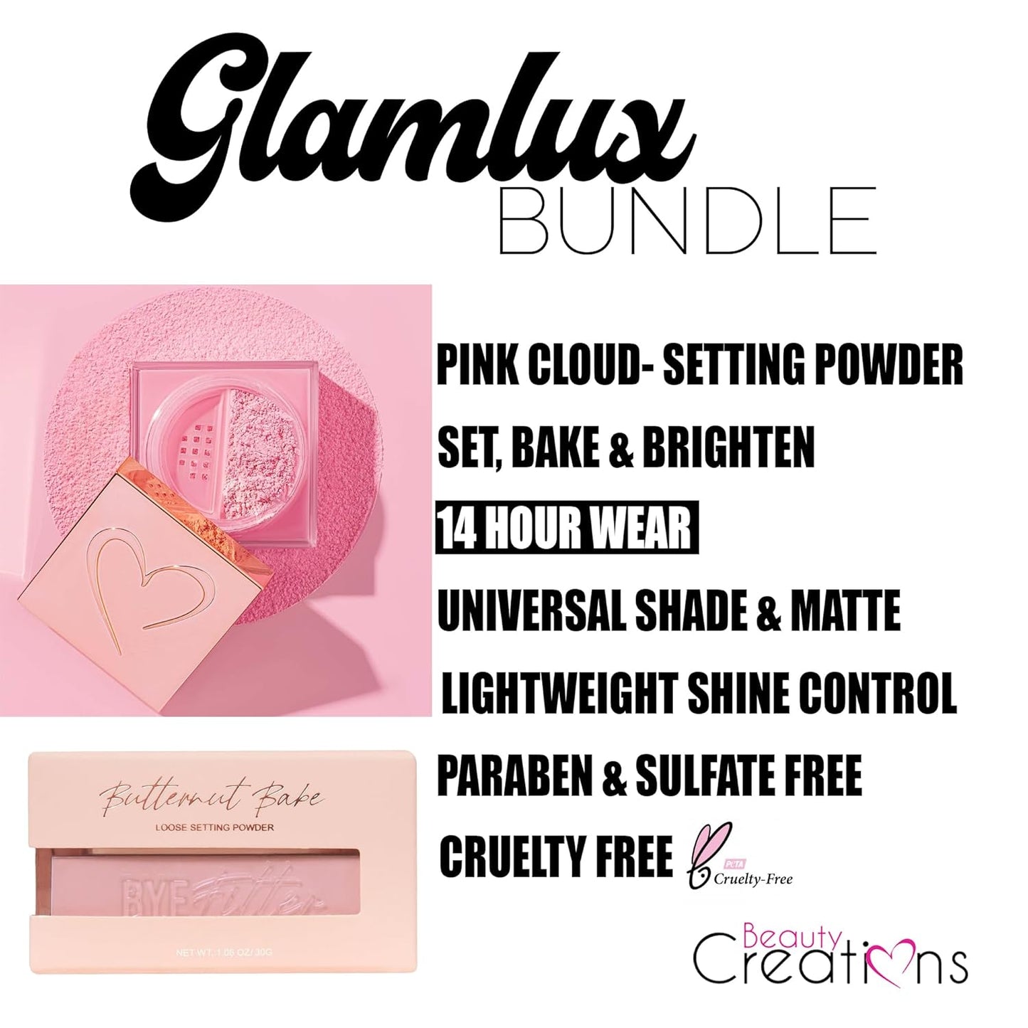 Beauty Bundle Beauty Creations Pink Cloud Pink Loose Setting Powder & Amorus Cloud Blur Matte Balm Foundation, Minimizes Pores, Matte Finish 14HR Shine Control (Light Umber)